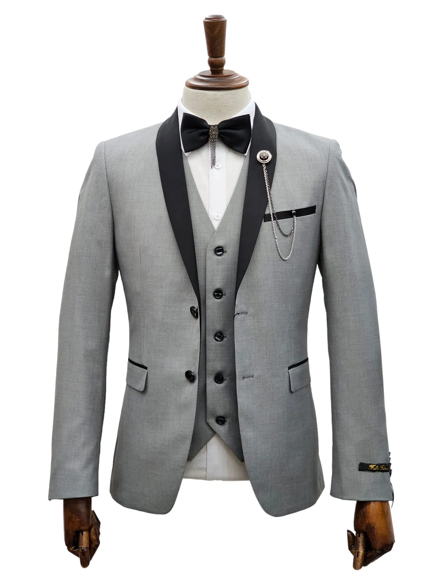 2 Button Silver Slim Fit Suit with Black Shawl Lapel FF2SSX V-1230