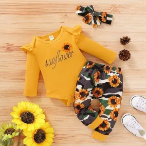 3-piece Letter Ruffled Bodysuit, Camouflage Floral Pants with Headband Wholesale children's clothing