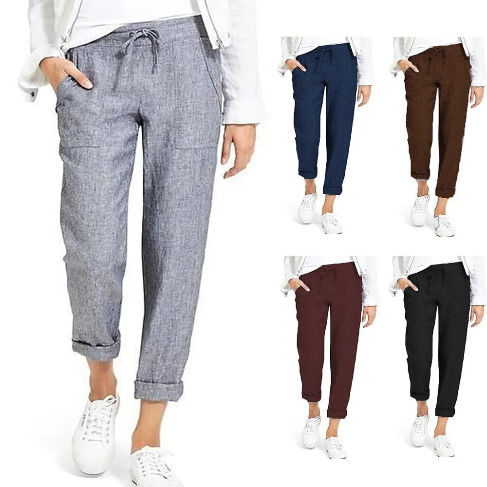 Brand Cotton Linen Pants Women Soft Loose Sports Pants Breathable Slim Ankle Length Trousers