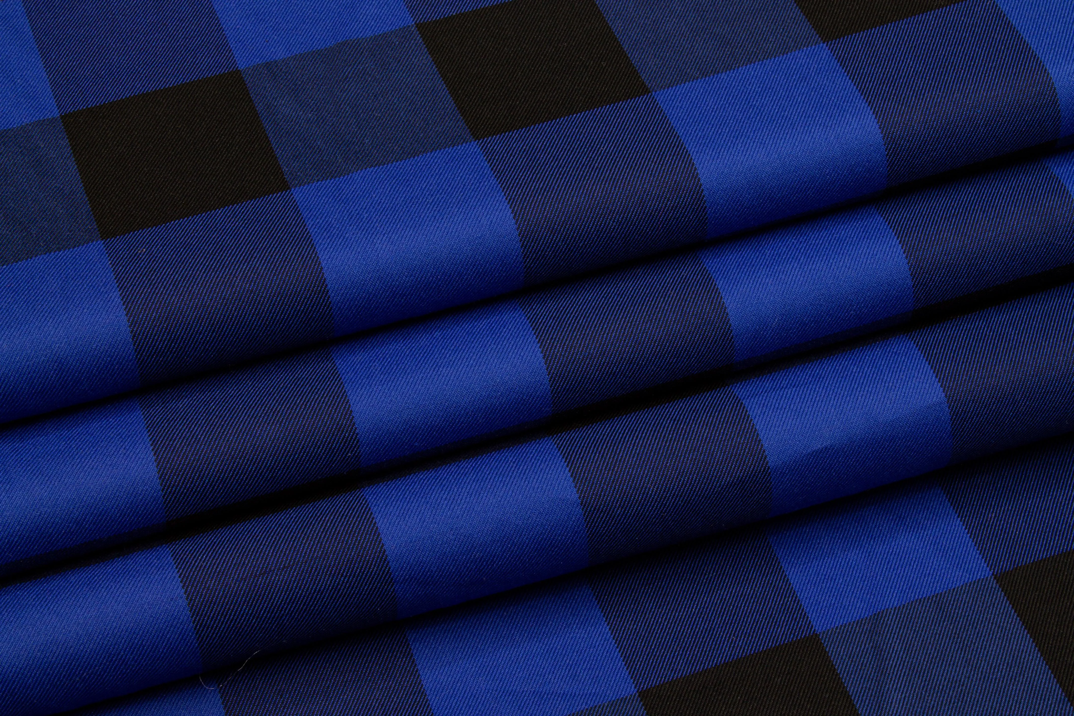 Buffalo Plaid Silk and Cotton Twill - Royal Blue and Black