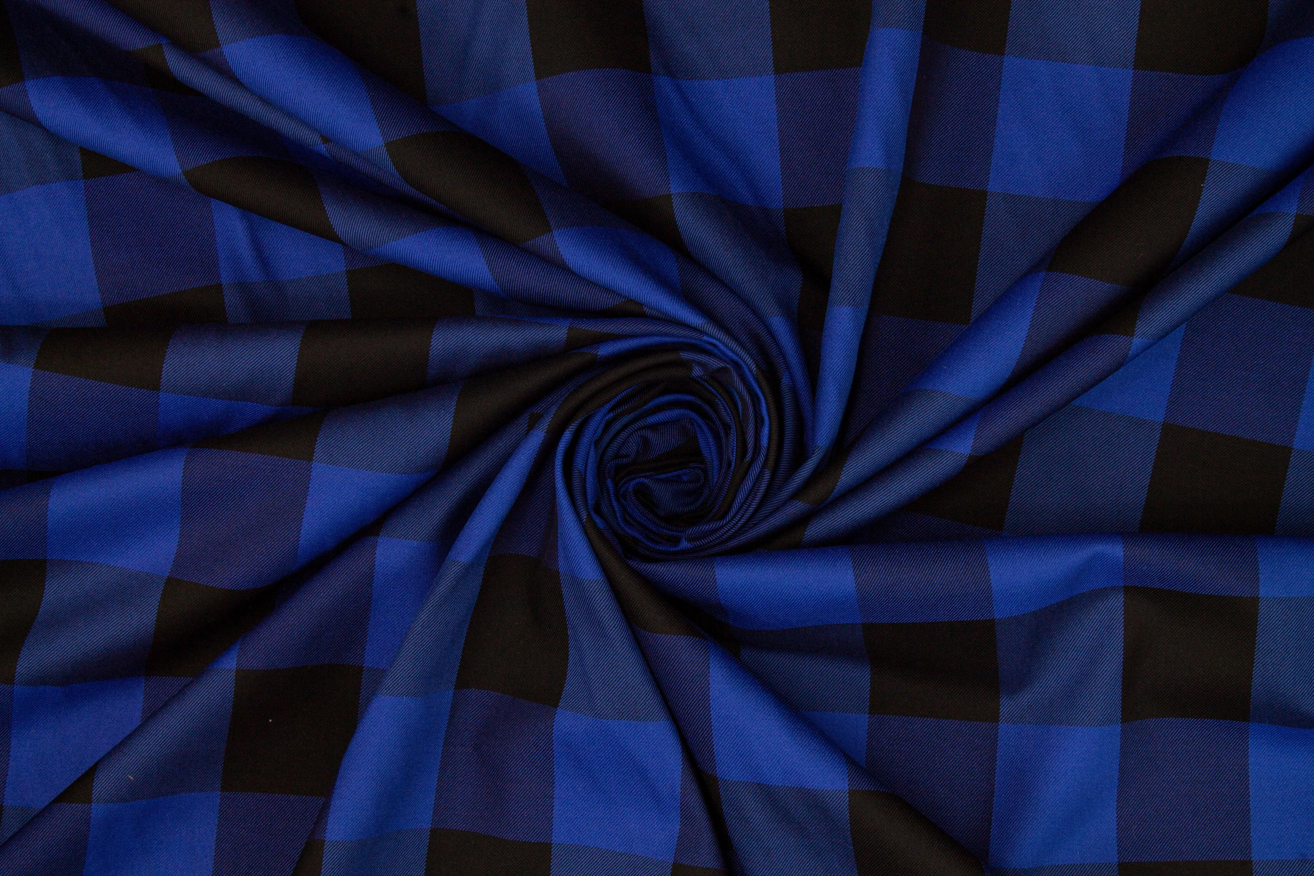 Buffalo Plaid Silk and Cotton Twill - Royal Blue and Black