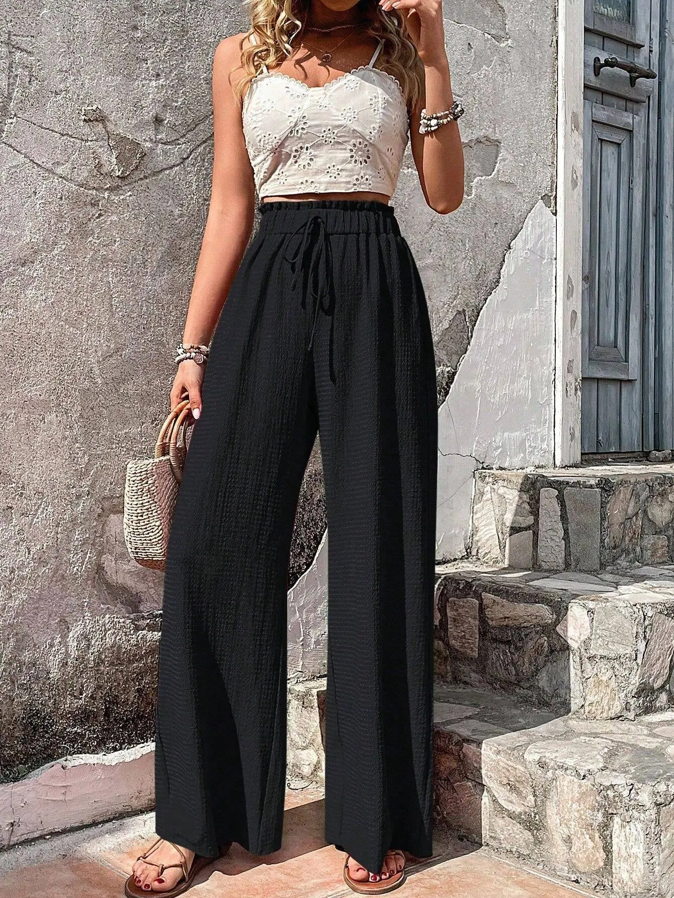 Casual Wide Leg Textured Pants