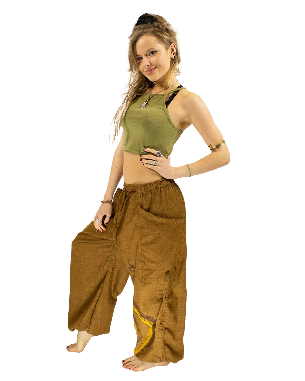 Cotton Low Rise Spiral Harem Pants Khaki