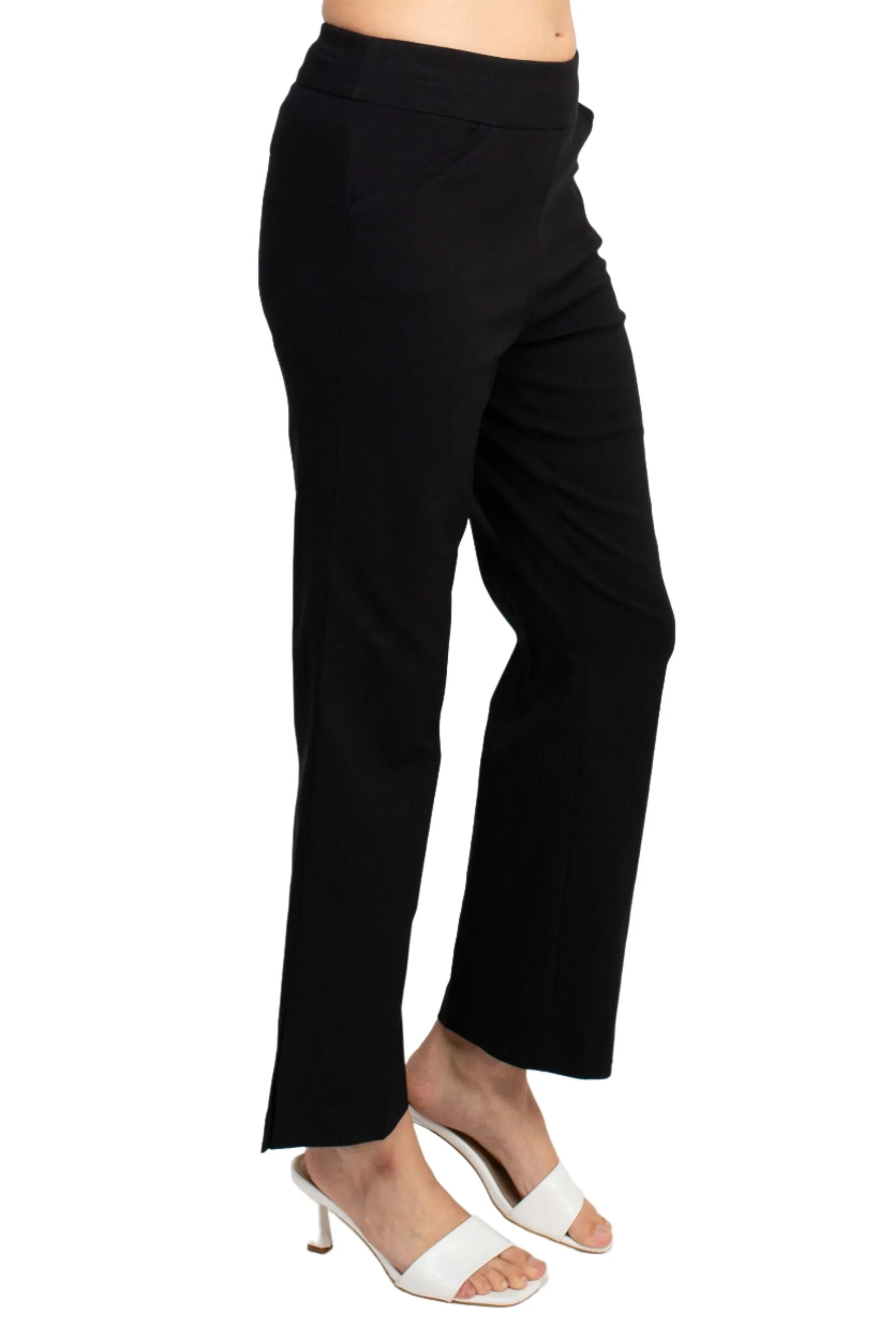 Counterparts Banded Mid Waist Pull On Solid Straight Cut Slit Hem Stretch Rayon Pant with Pockets