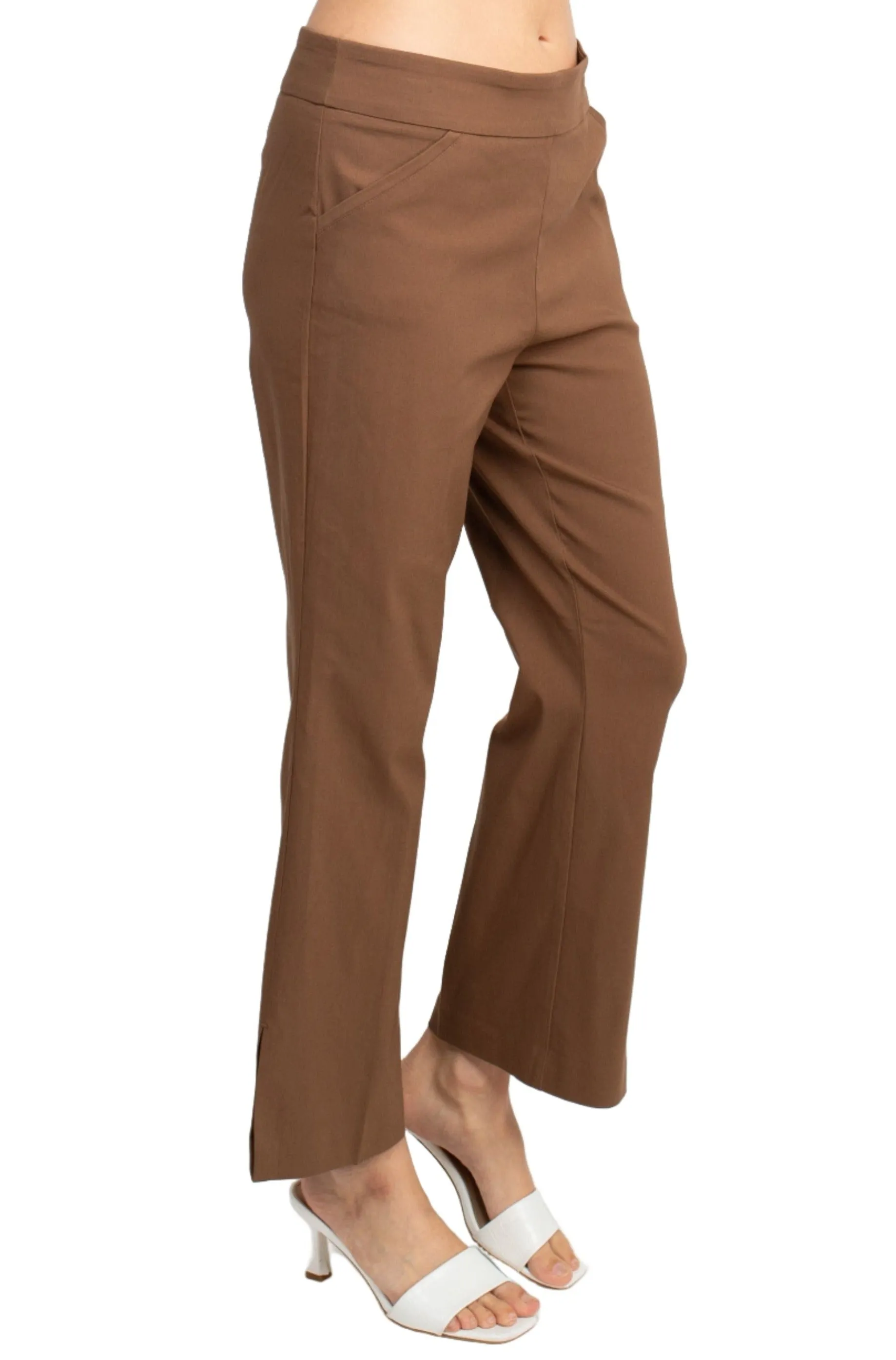 Counterparts Banded Mid Waist Pull On Solid Straight Cut Slit Hem Stretch Rayon Pant with Pockets