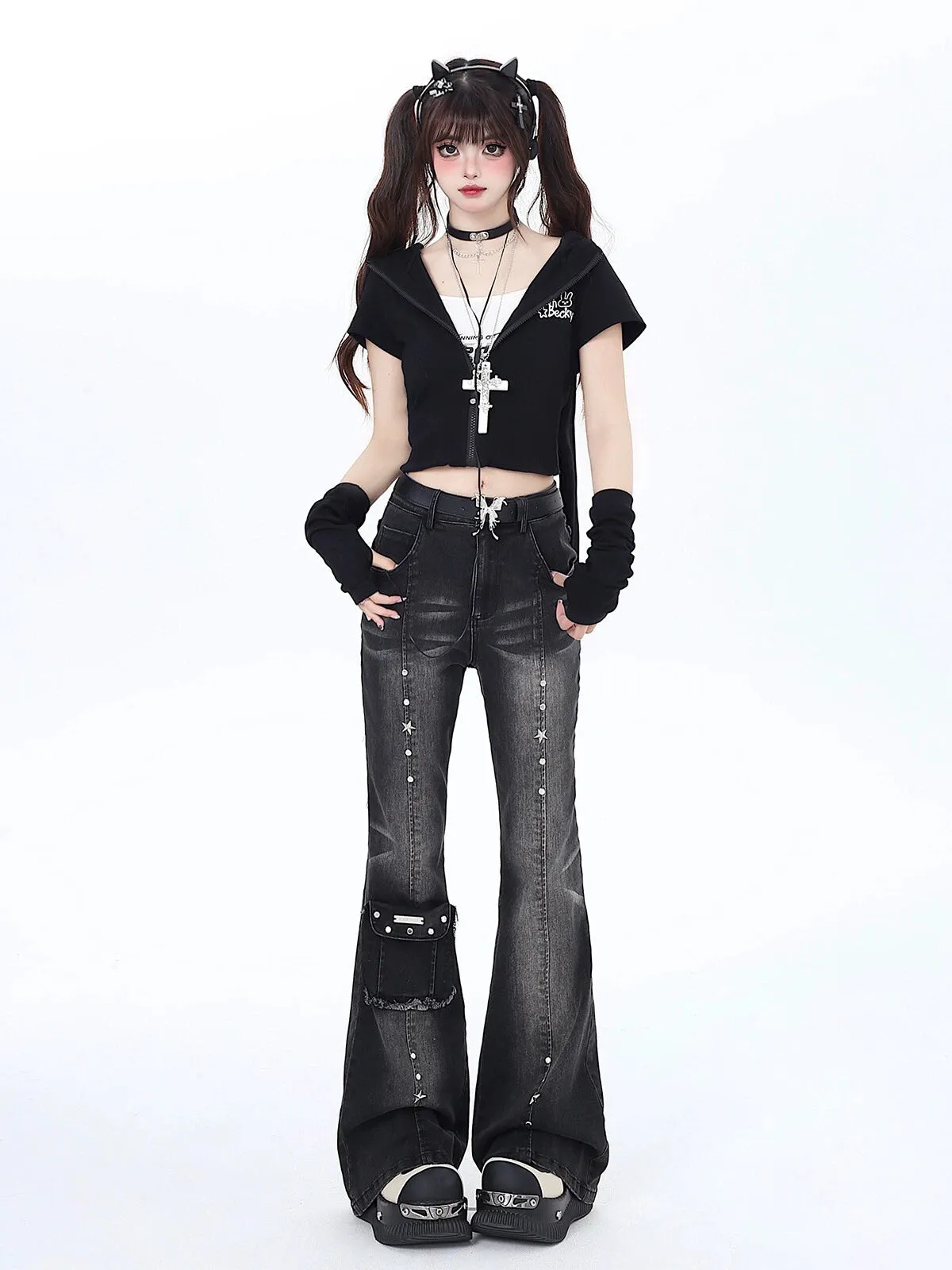 Crazygirl Punk Goth Kawaii Dream God Pants Retro High-Waist Slim Denim Pants for Women