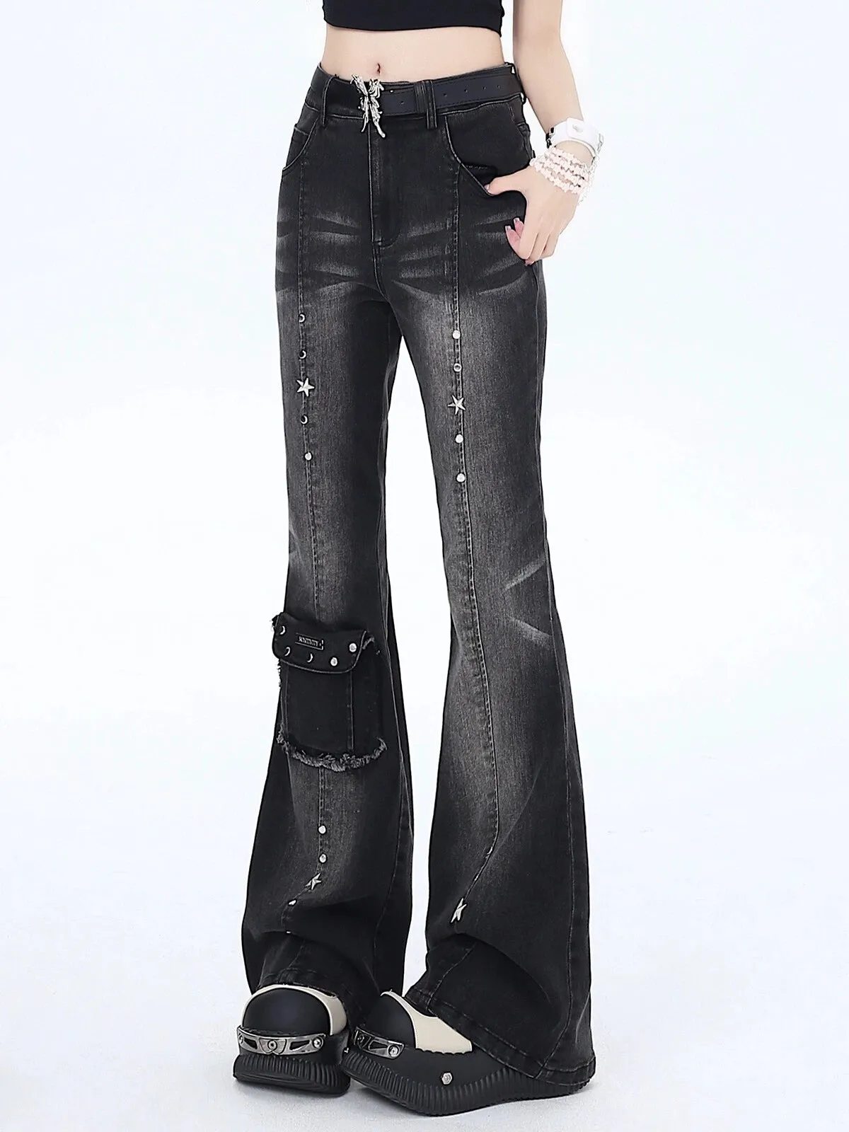 Crazygirl Punk Goth Kawaii Dream God Pants Retro High-Waist Slim Denim Pants for Women