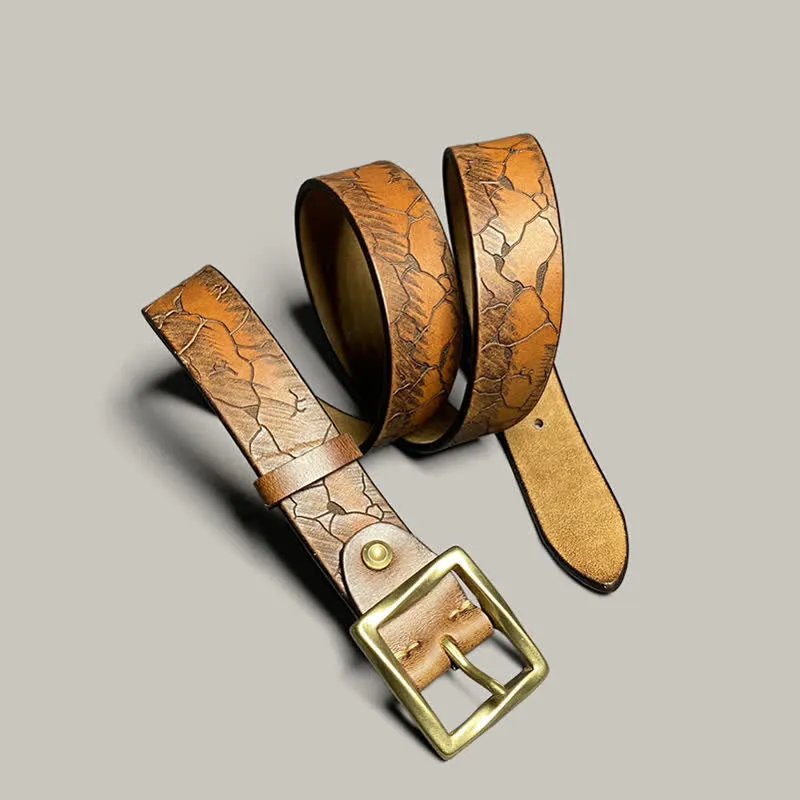 Distressed Cracked Embossed Pattern Strap Leather Belt