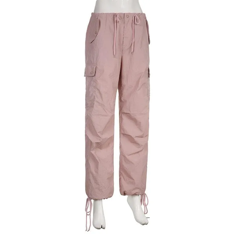 Drawstring low rise solid pocket cargo straight leg baggy pant - Final Sale