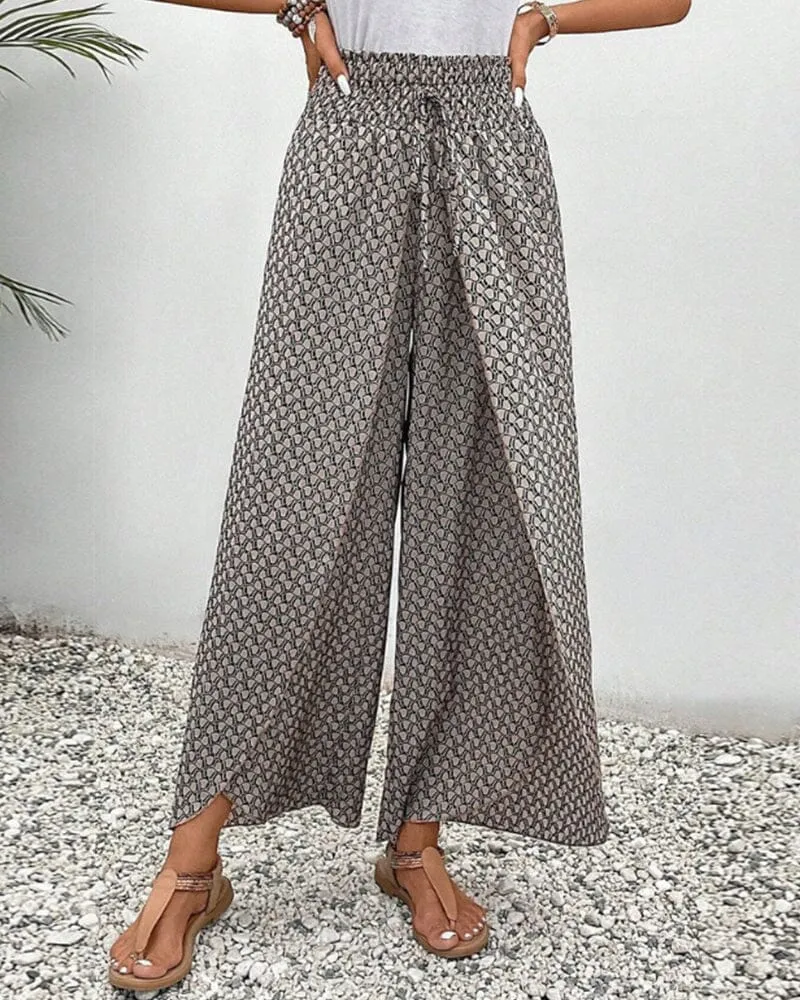 Geometric print elasticated drawstring wide-leg pants