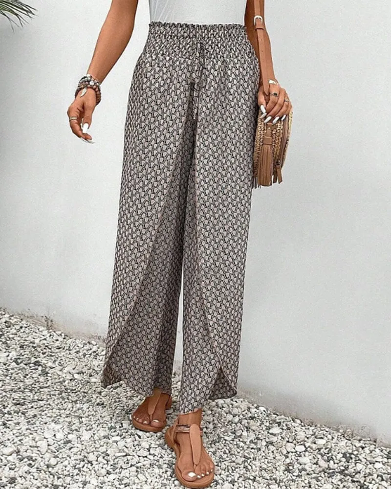 Geometric print elasticated drawstring wide-leg pants