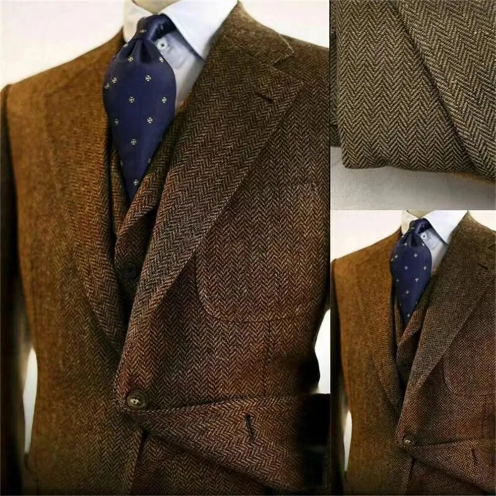 Gray Wool Tweed Winter Suit for Men Herringbone Slim Fit Formal Groom Tuxedo 3 Piece Wedding Male Suits (Jacket Vest Pants)