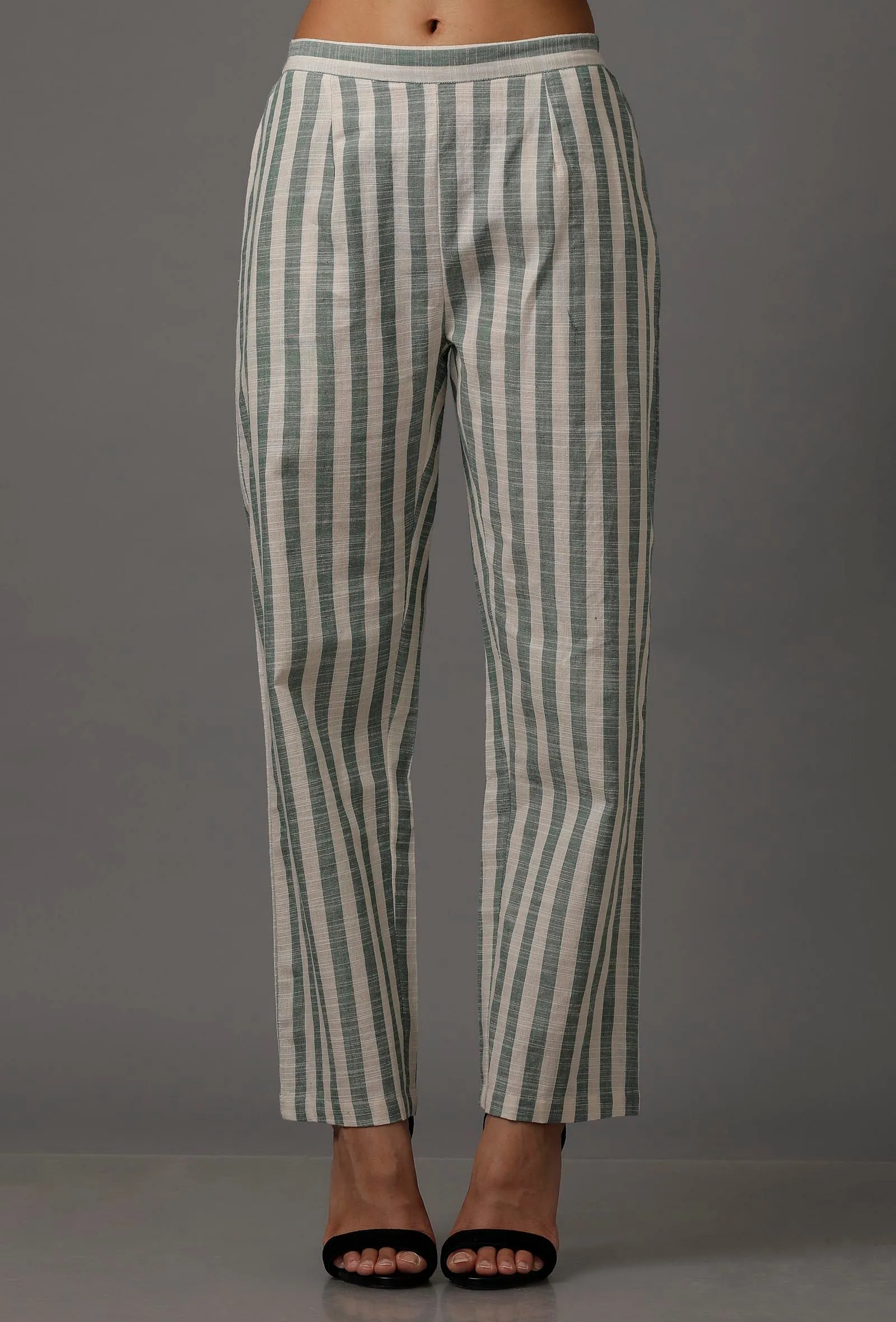 Green and White Stripes Pure Woven Cotton Pants