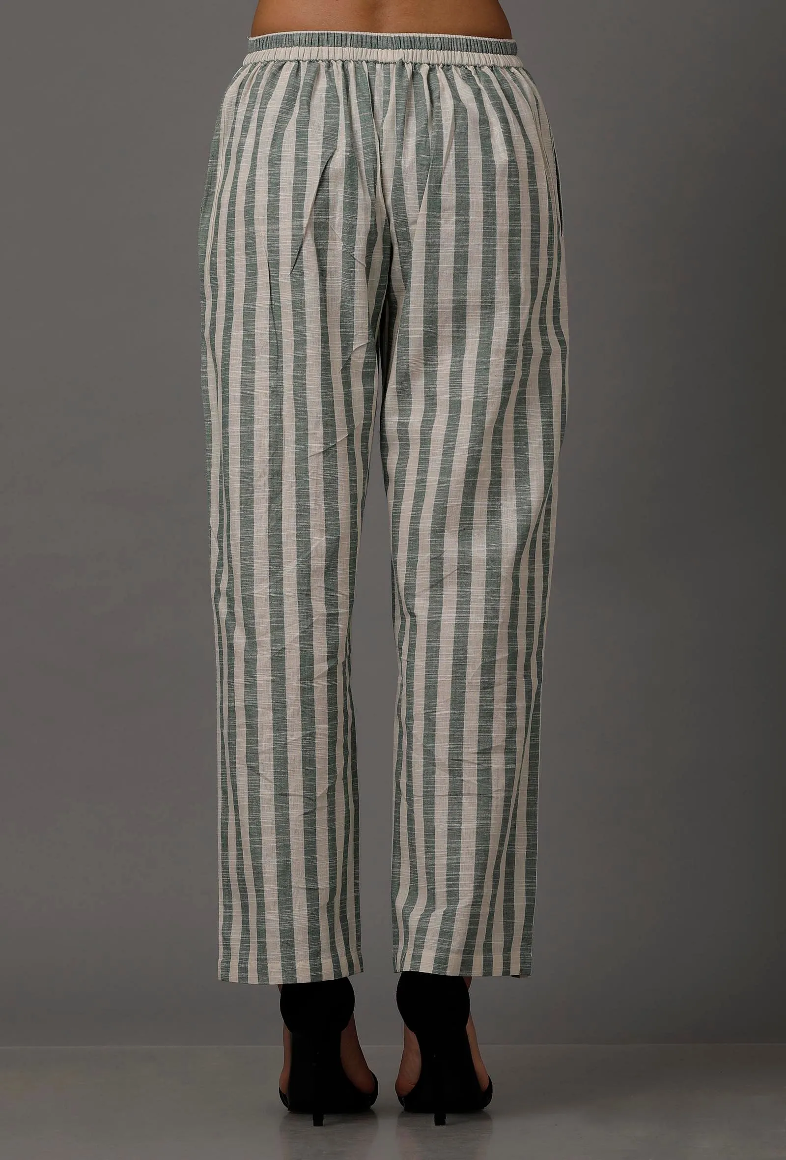 Green and White Stripes Pure Woven Cotton Pants