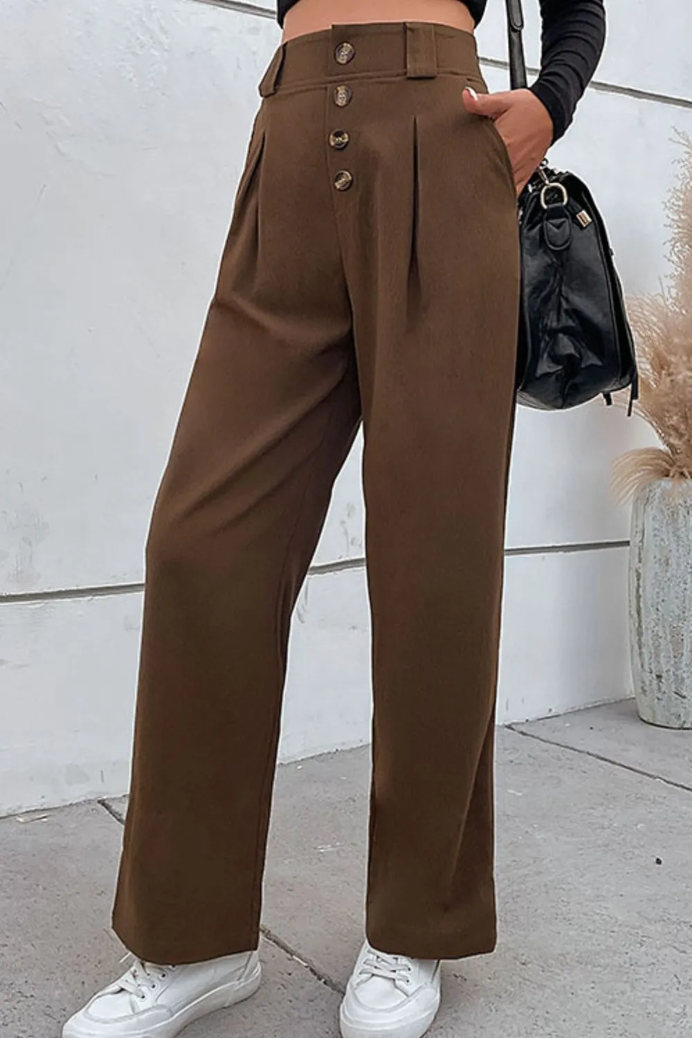 It's Never Too Late Button-Fly Pleated Waist Wide Leg Pants with Pockets