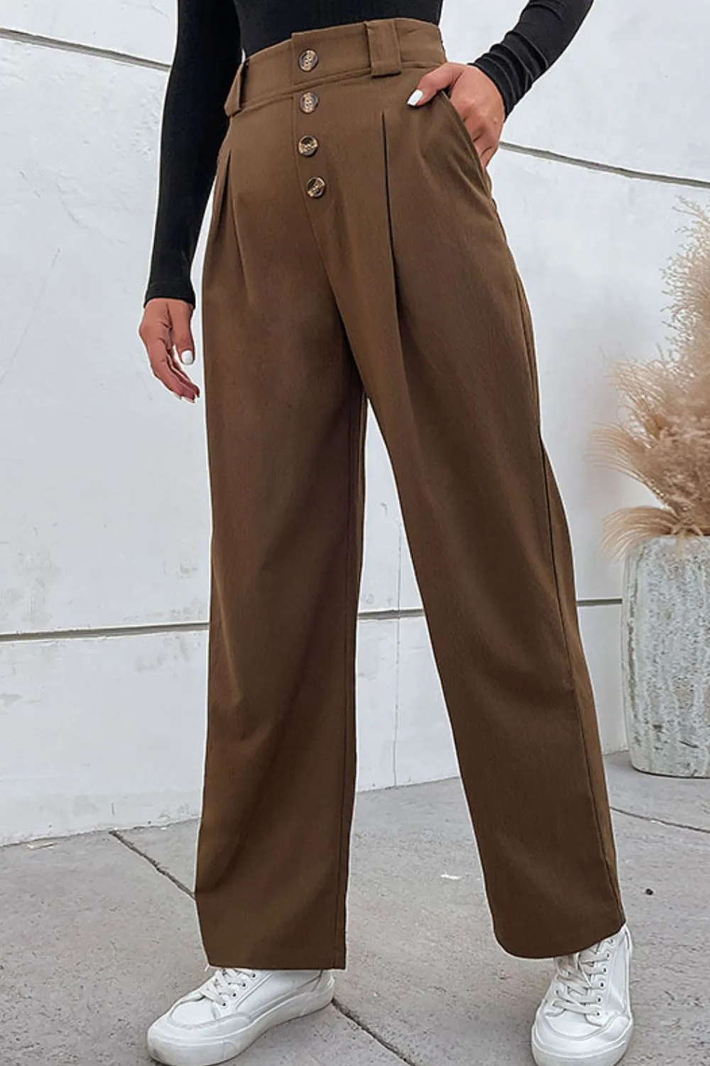 It's Never Too Late Button-Fly Pleated Waist Wide Leg Pants with Pockets