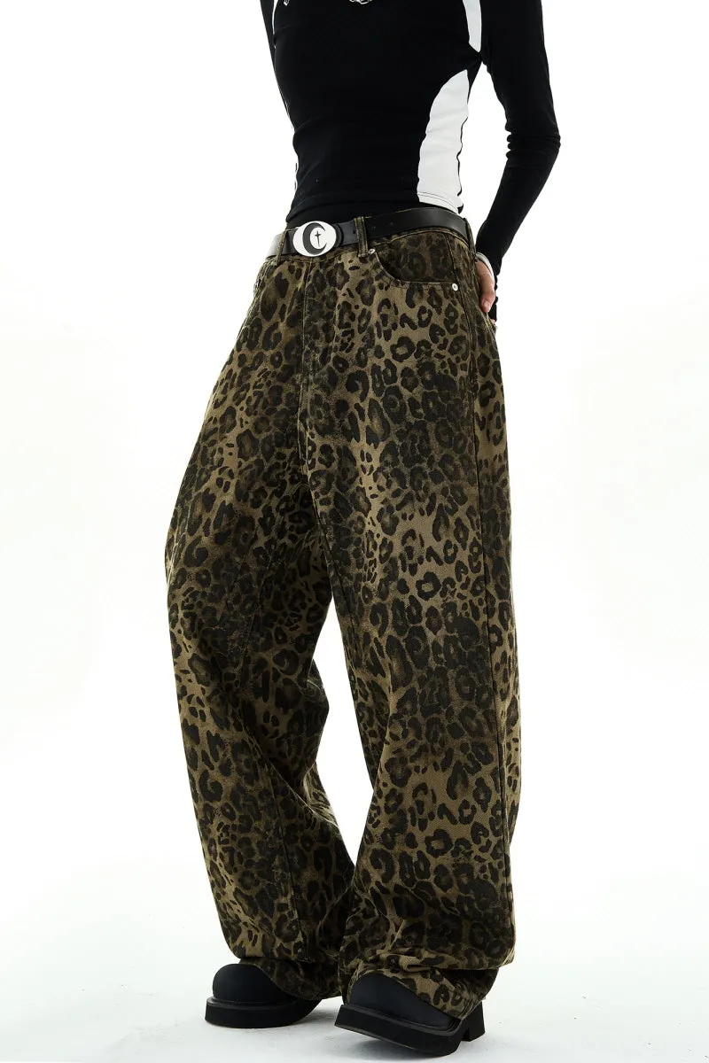 Leopard Print Wide-Leg Jeans Retro Low-Rise Casual Pants