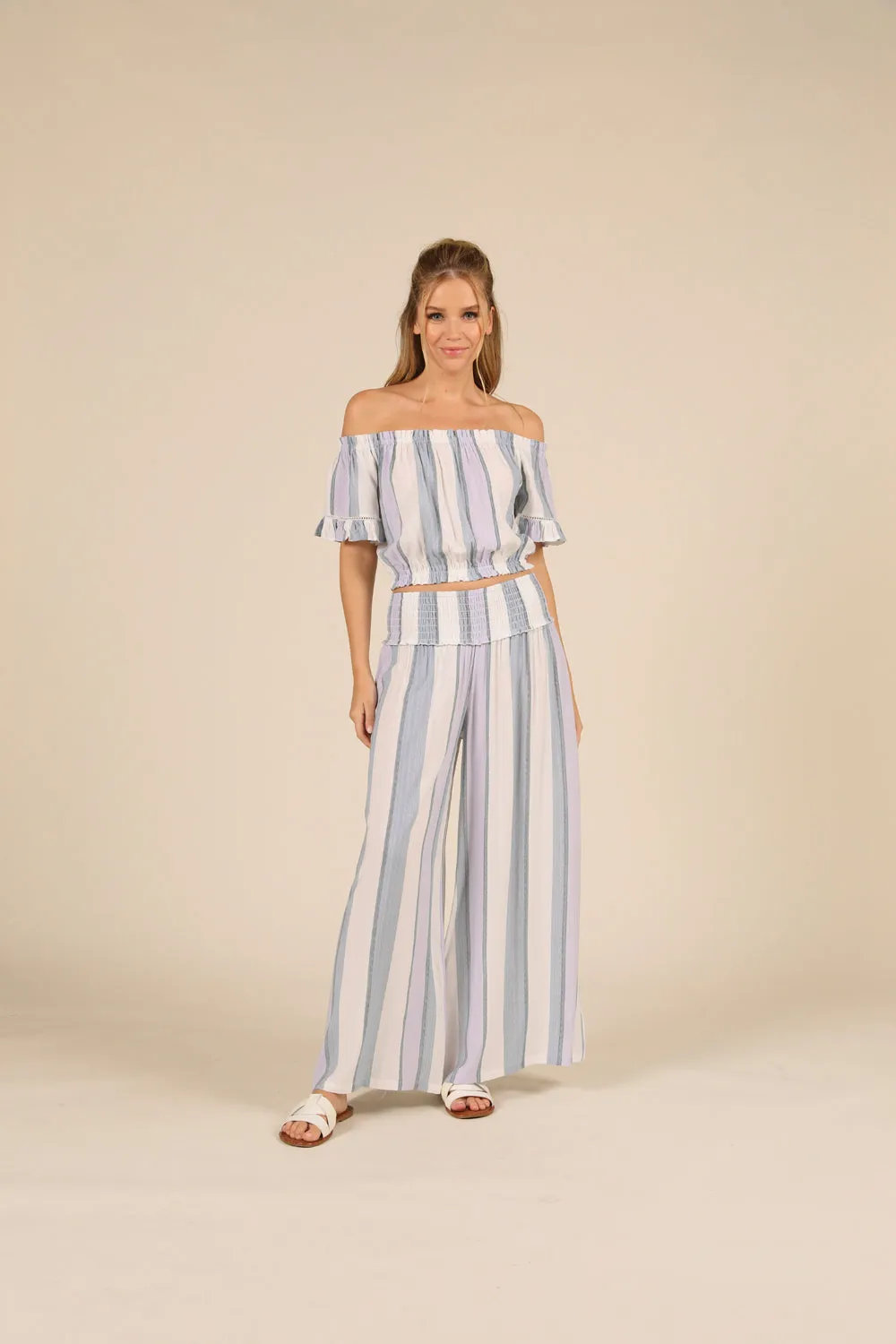 Lilac Summer Stripe Off Shoulder Bell Sleeve Top