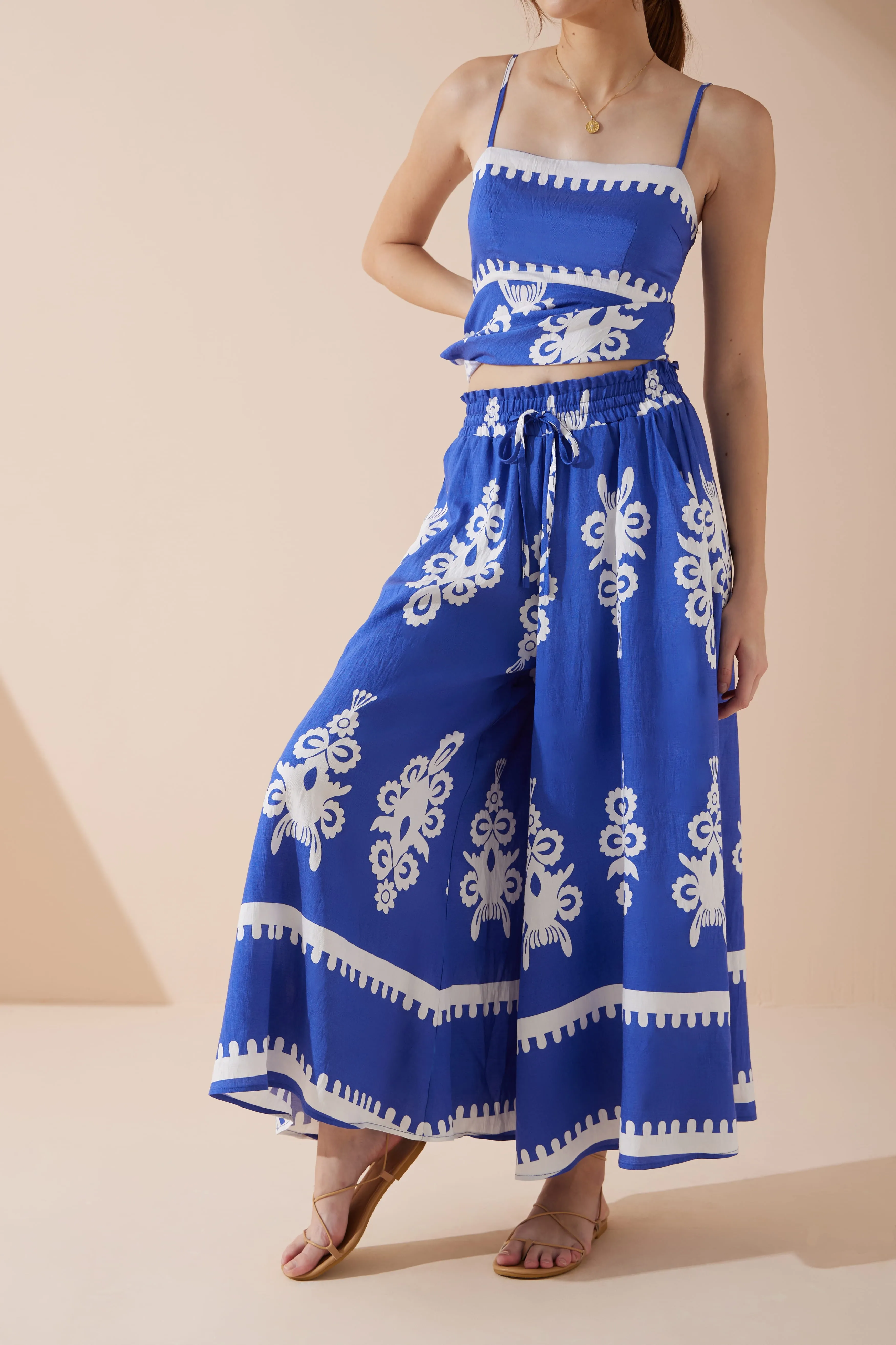 Lune Blue Abstract Wide Leg Cropped Pants