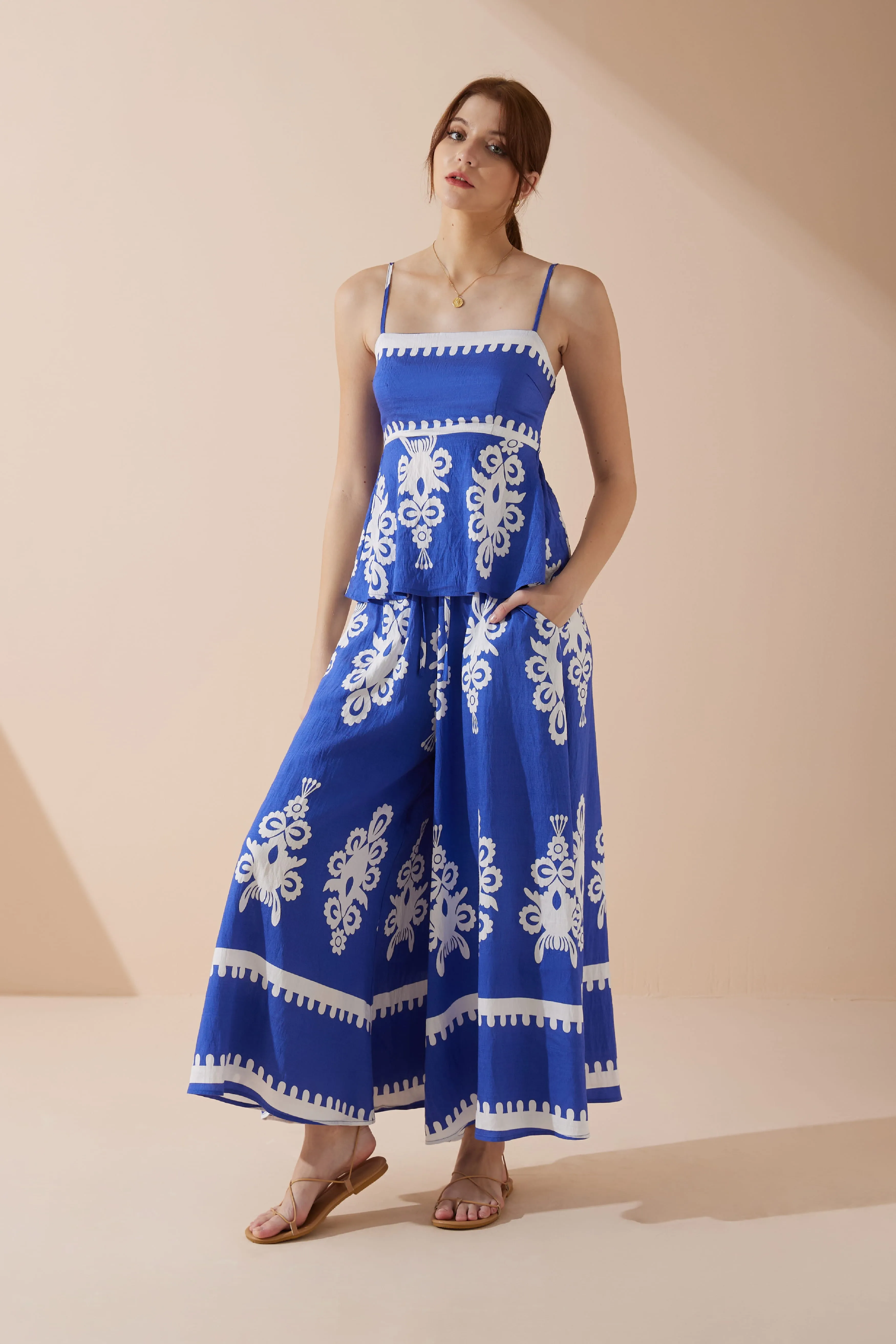 Lune Blue Abstract Wide Leg Cropped Pants