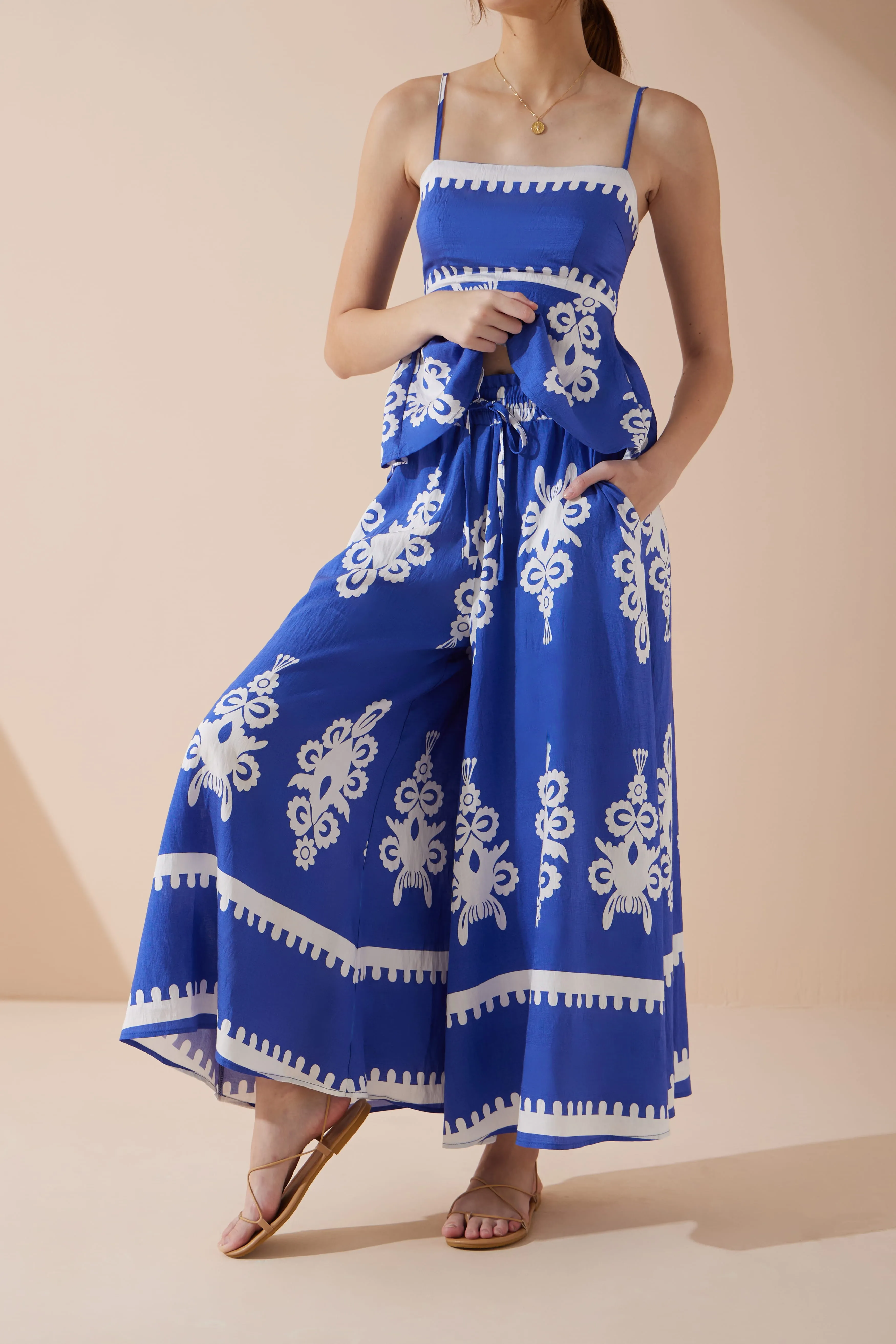 Lune Blue Abstract Wide Leg Cropped Pants