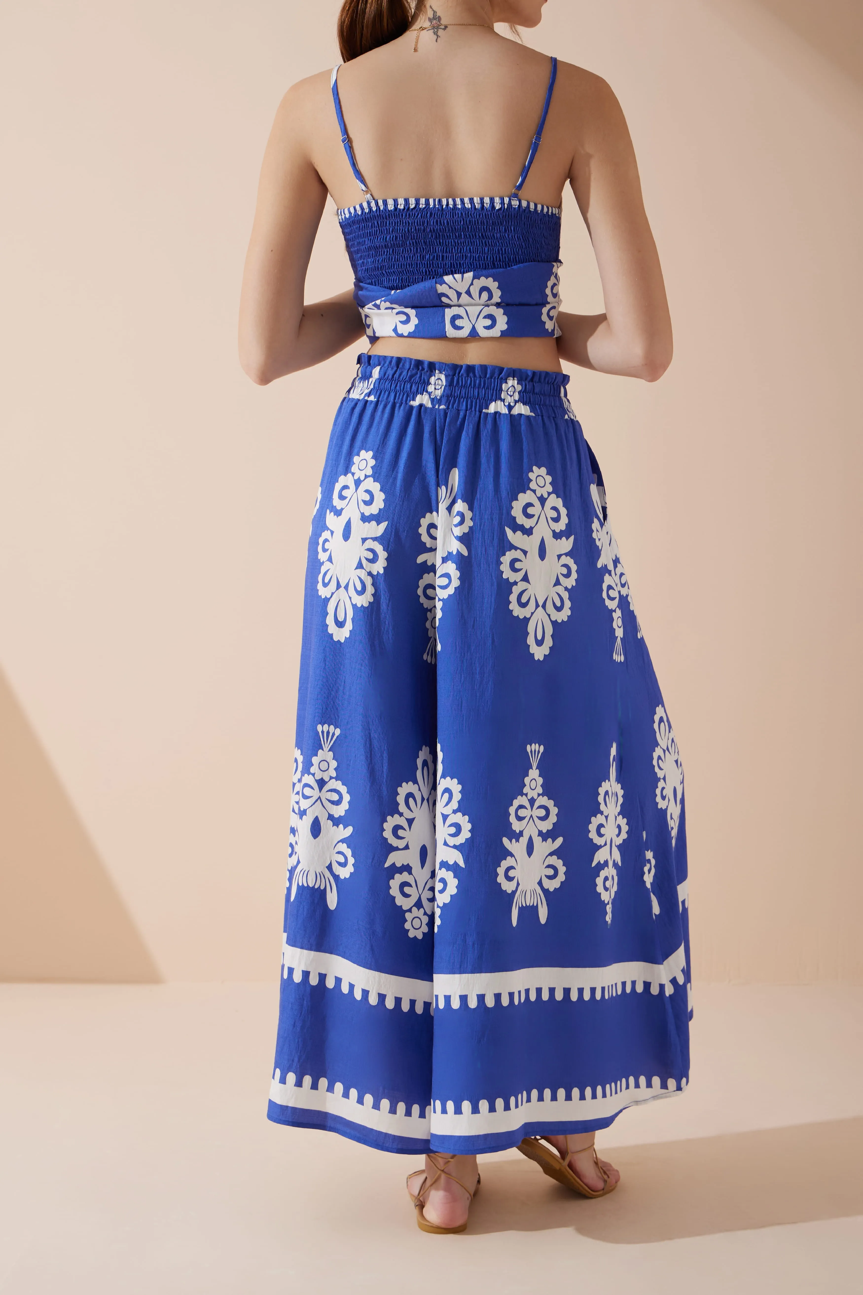 Lune Blue Abstract Wide Leg Cropped Pants