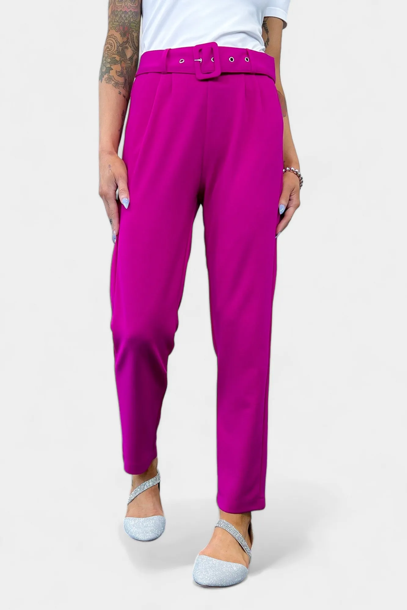 Magenta Belted Stretch Pants