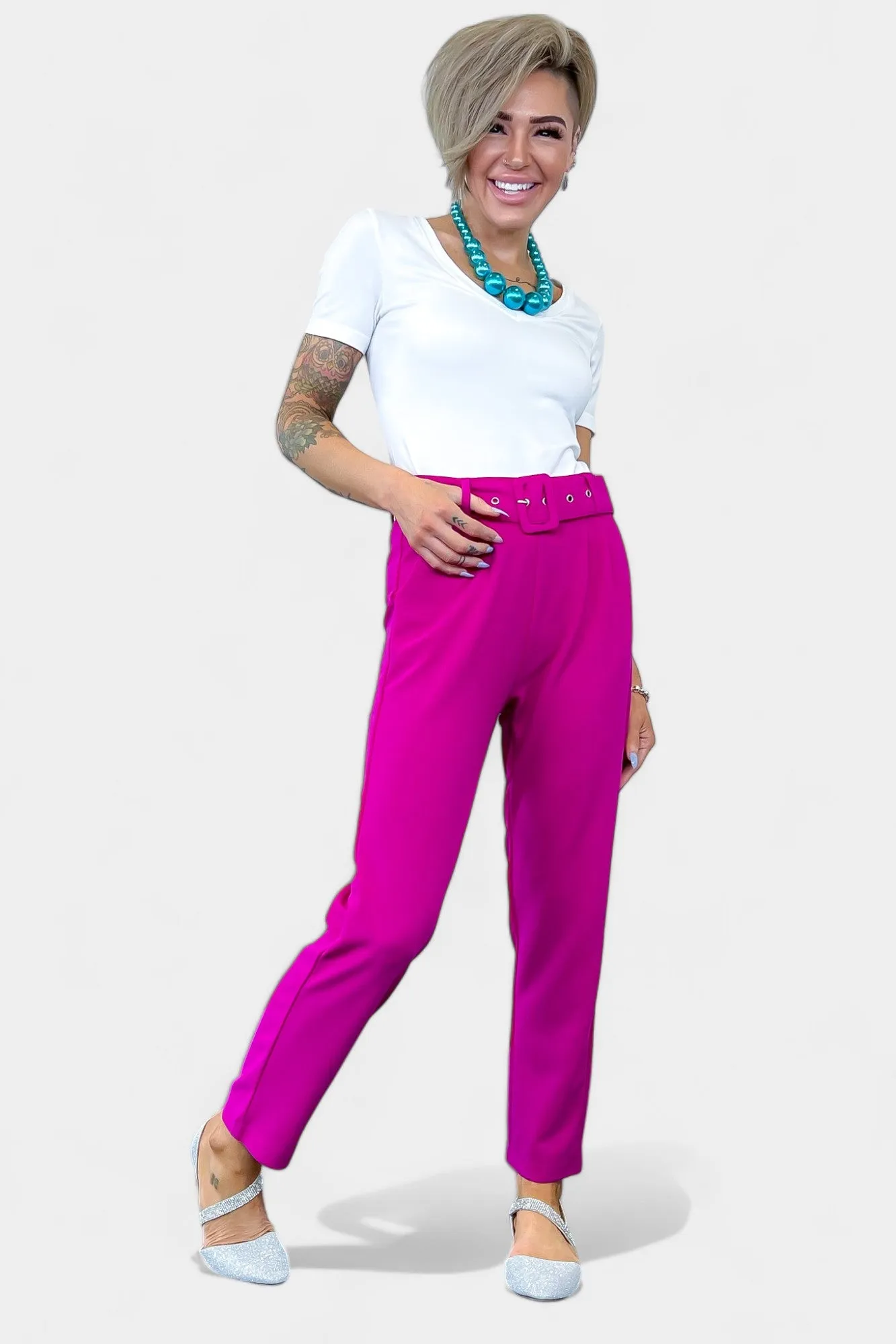 Magenta Belted Stretch Pants