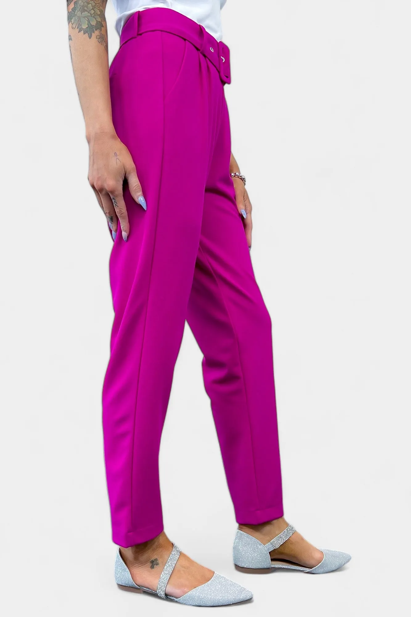 Magenta Belted Stretch Pants