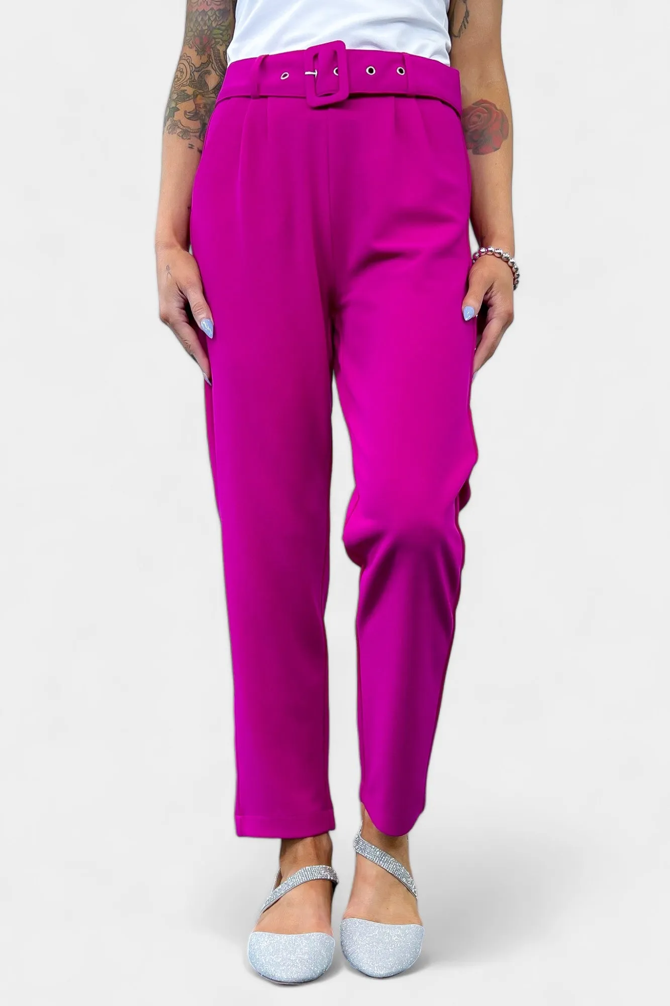 Magenta Belted Stretch Pants