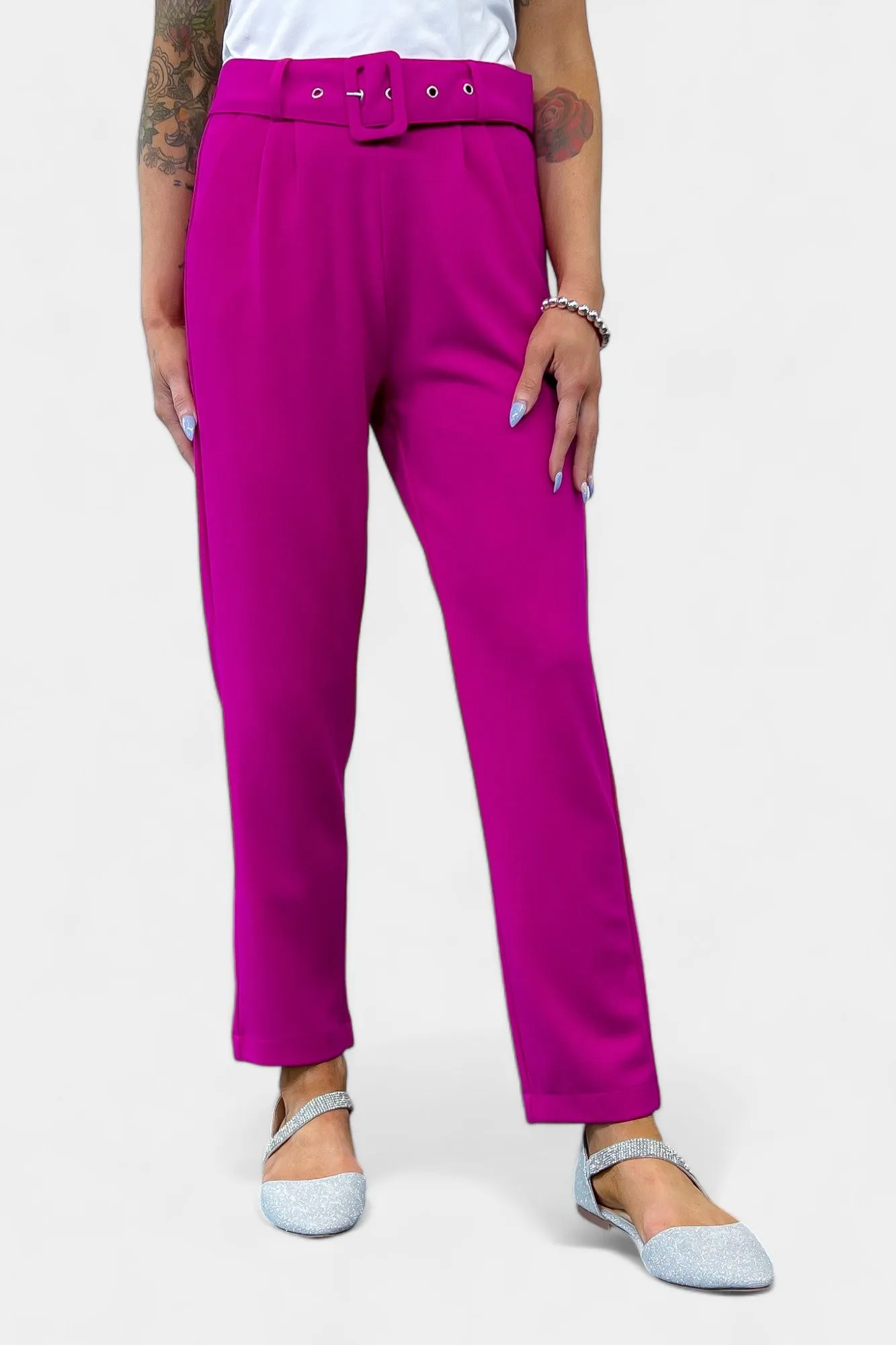 Magenta Belted Stretch Pants