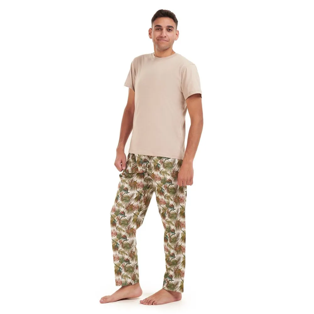 Men summer pajama set Beige t-shirt  Havane leaves Pants