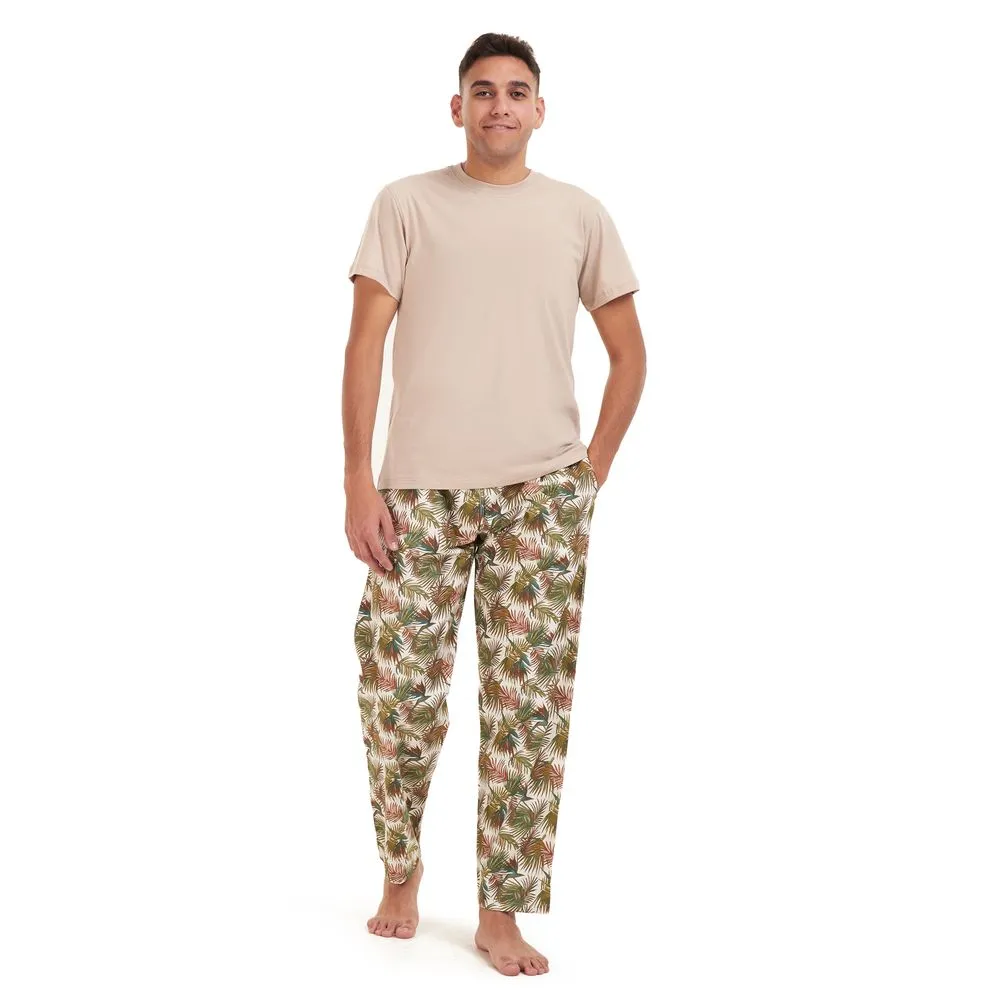 Men summer pajama set Beige t-shirt  Havane leaves Pants