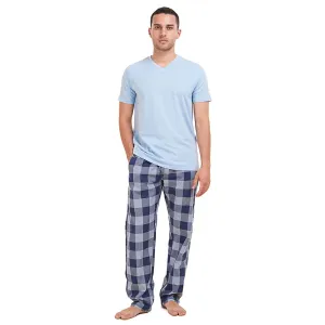 Men summer pajama set Light blue T-shirt   Light blue x Blue Checkered Pants