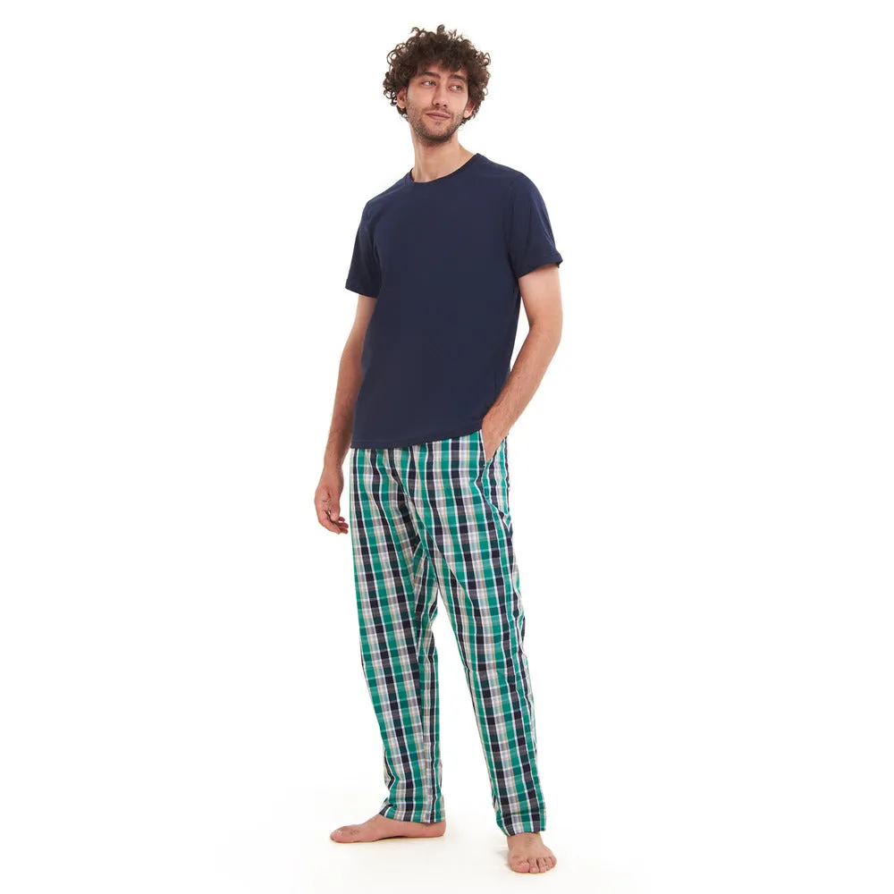 Men summer pajama set  Navy T-shirt   Green X Navy checkered Pants