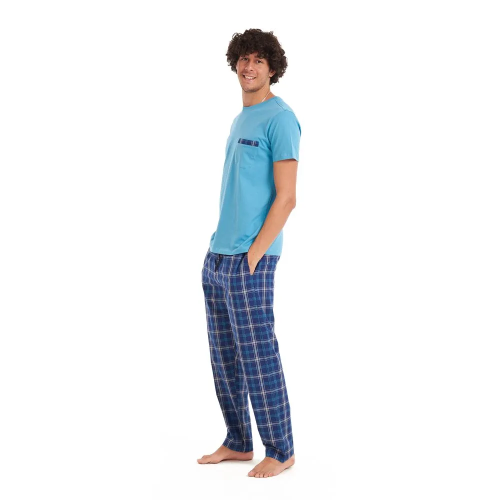 Men summer pajama set Turquoise T-shirt   Dark blue x turquoise checkered pants