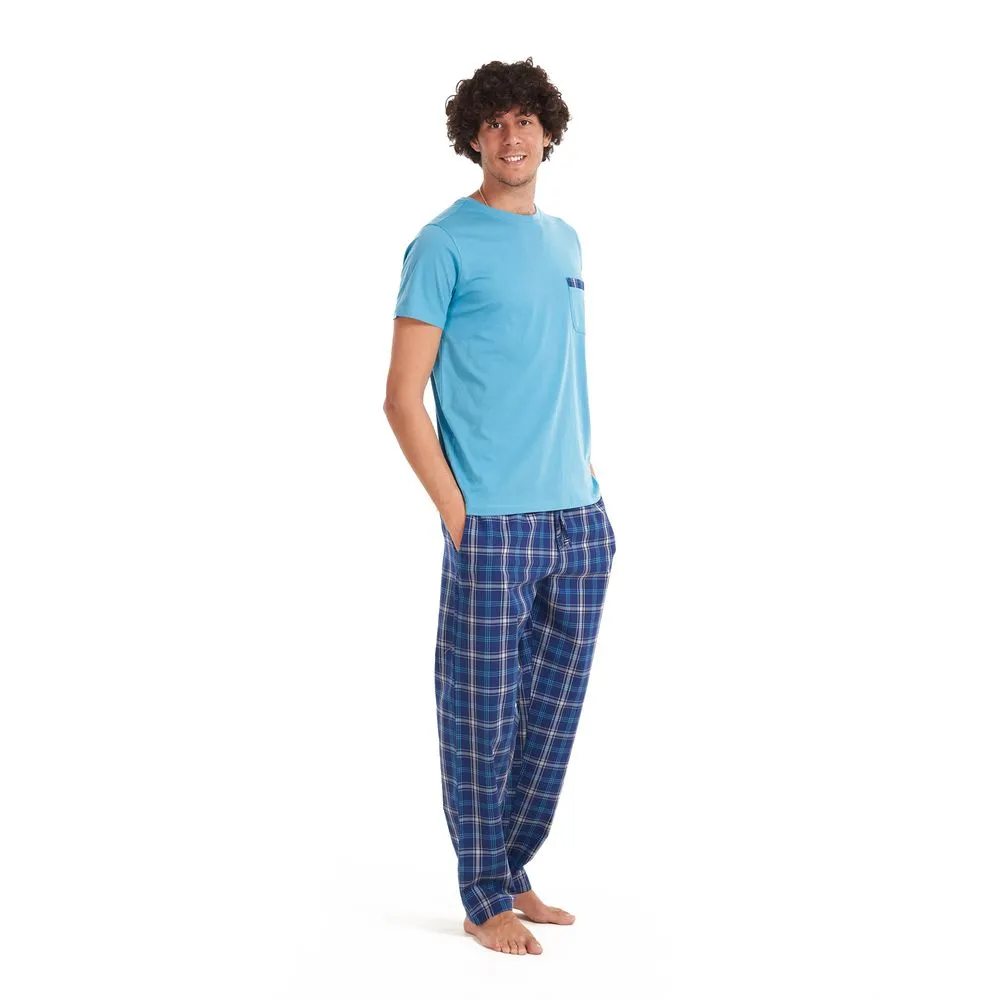 Men summer pajama set Turquoise T-shirt   Dark blue x turquoise checkered pants