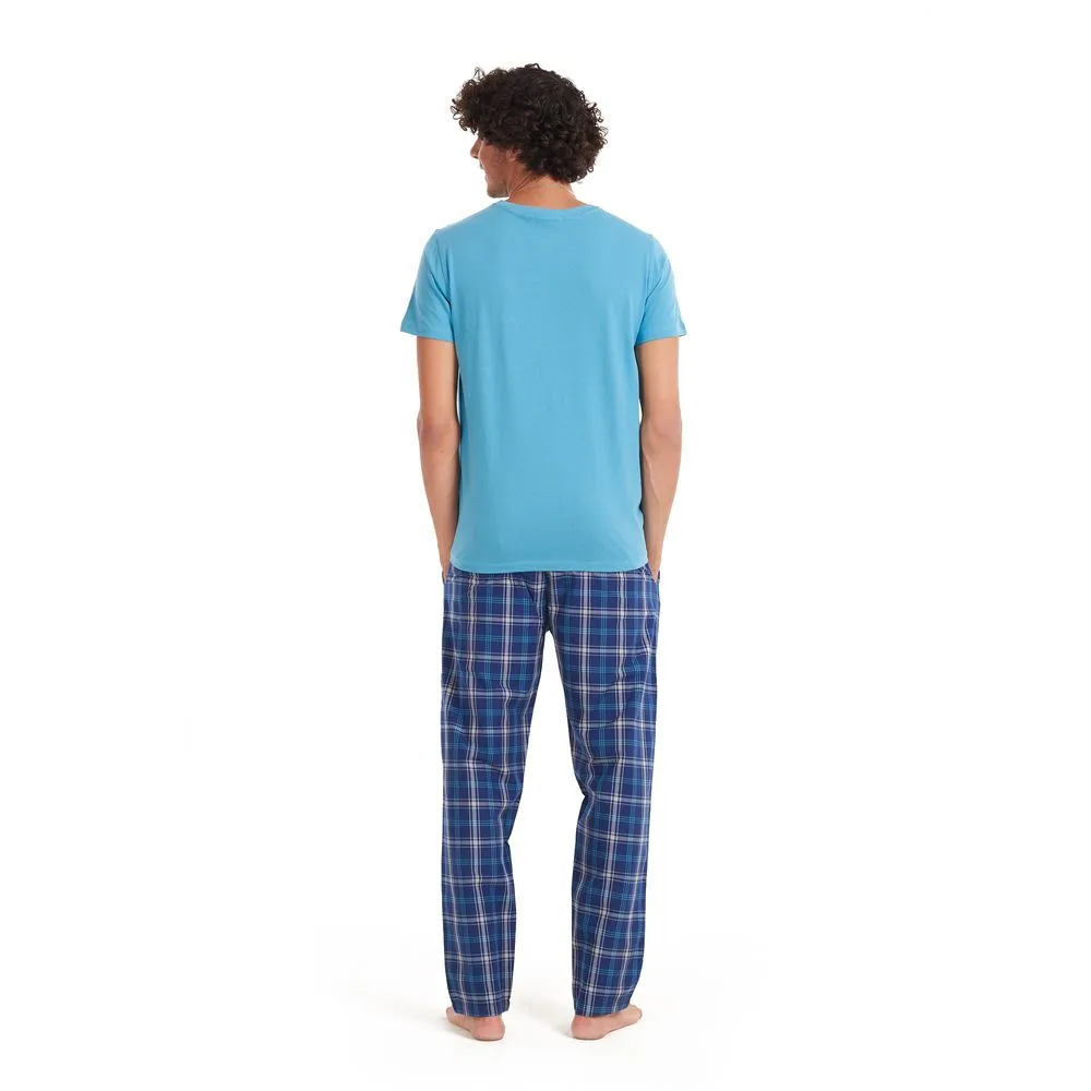 Men summer pajama set Turquoise T-shirt   Dark blue x turquoise checkered pants