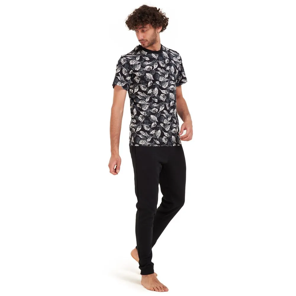 Men summer pajama set White leaves T-shirt  Black pants