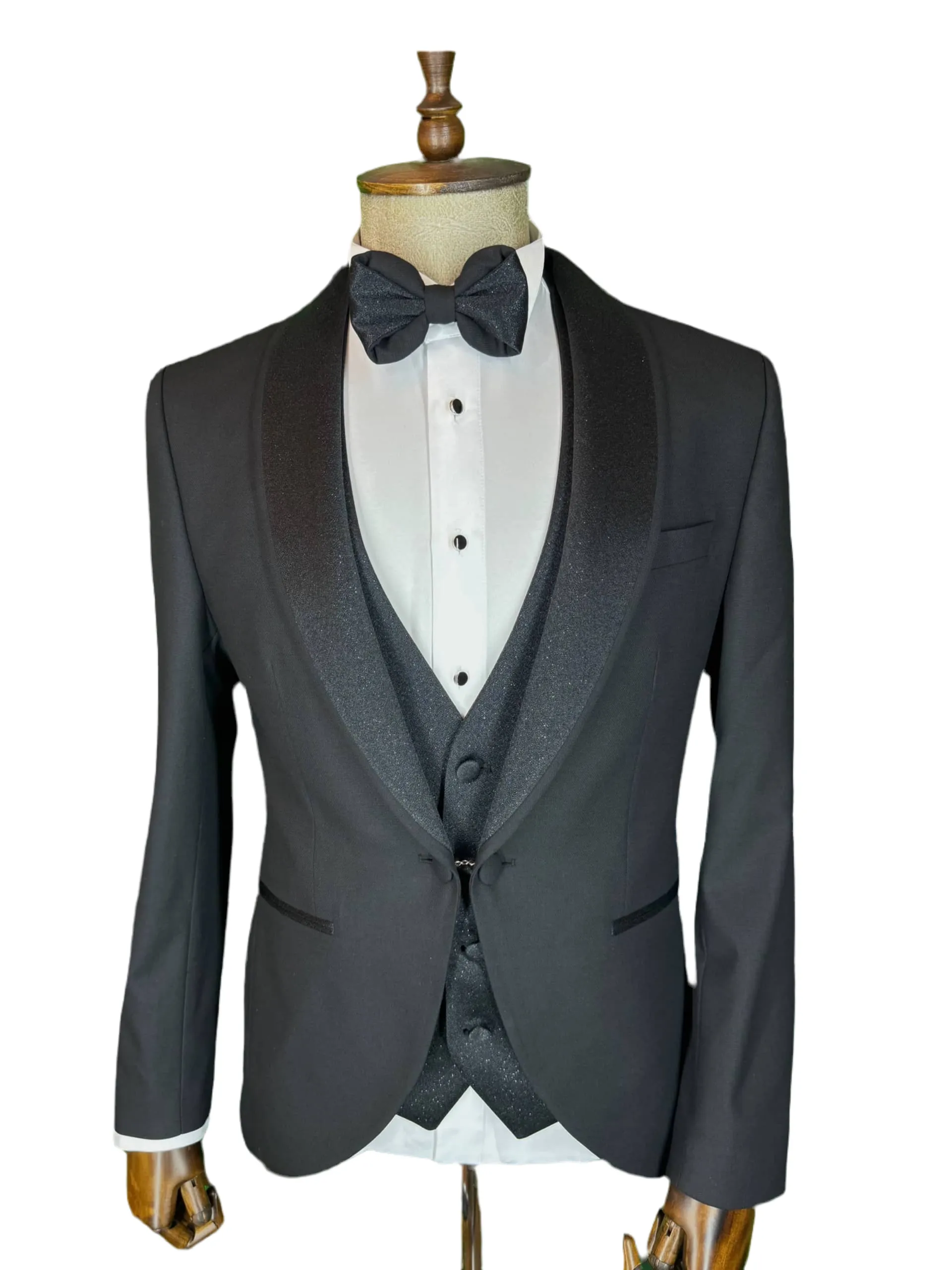 Men's Black Tuxedo with Glittered Black Shawl Lapel and Vest | Luxurious Formal Wear