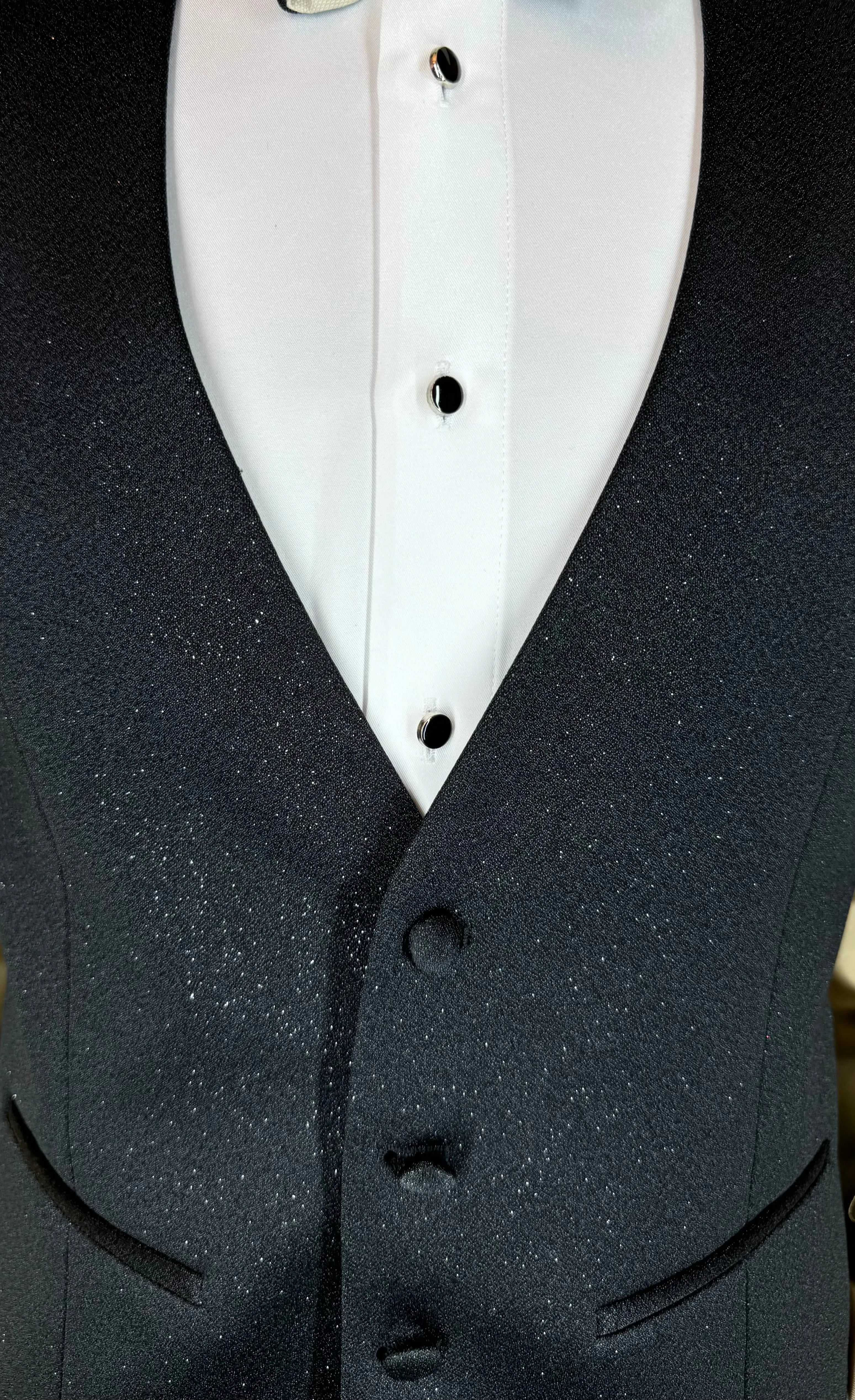 Men's Black Tuxedo with Glittered Black Shawl Lapel and Vest | Luxurious Formal Wear