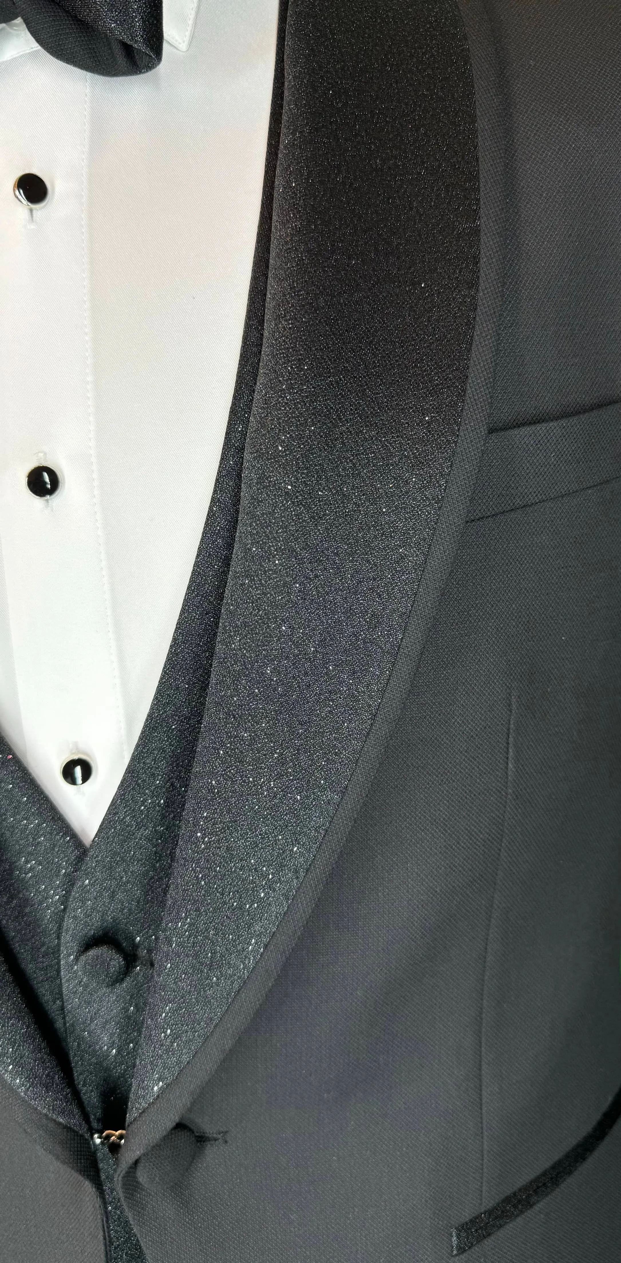 Men's Black Tuxedo with Glittered Black Shawl Lapel and Vest | Luxurious Formal Wear