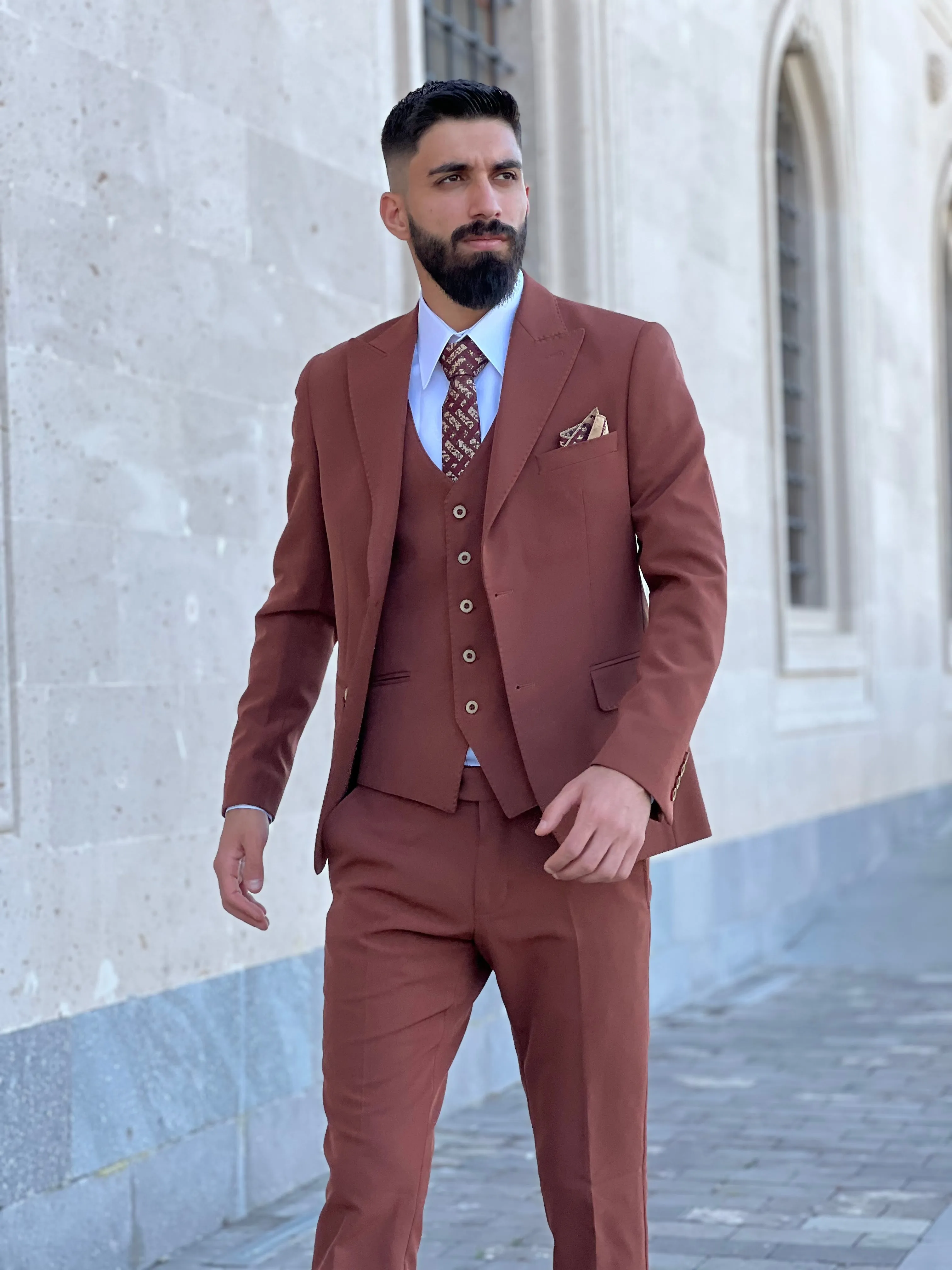 Mens Slim Fit Rust Color Suit | 3 Piece Wool Suit premium 4 way stretch