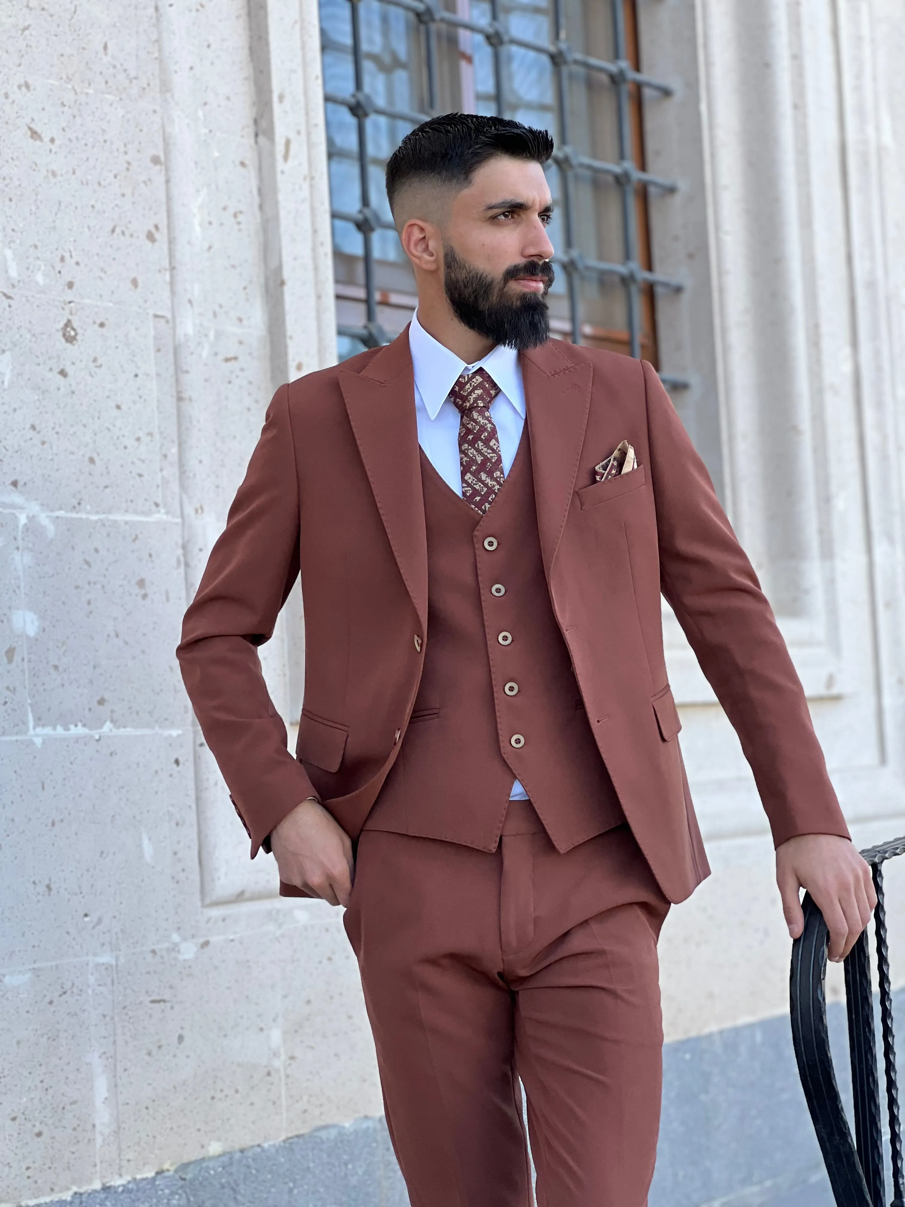 Mens Slim Fit Rust Color Suit | 3 Piece Wool Suit premium 4 way stretch