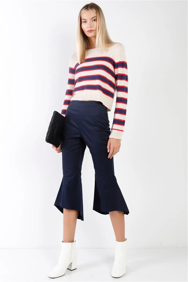 Navy Solid High Waisted Retro Bell Bottom Flare Pants