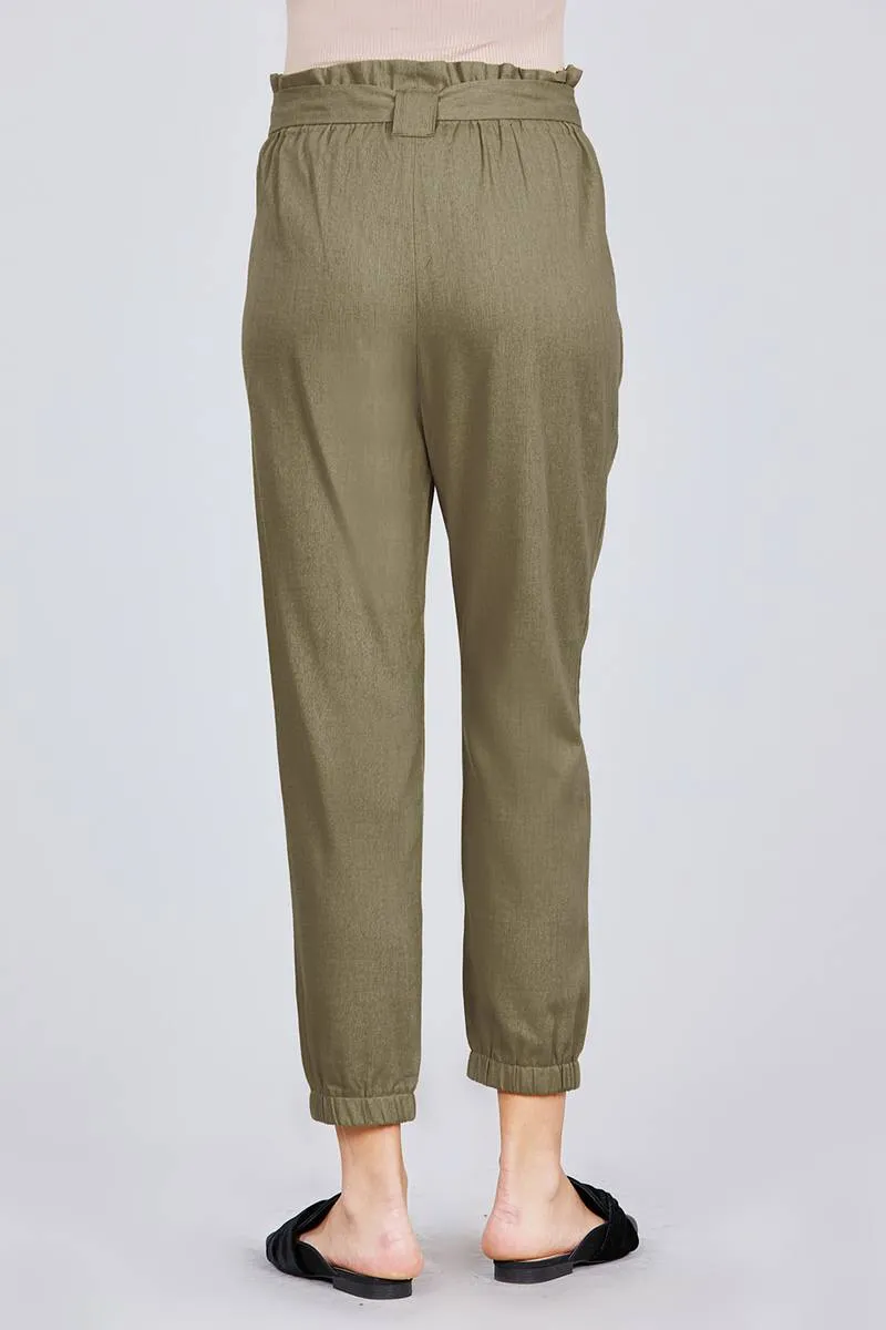 Paperbag W/bow Tie Elastic Hem Long Linen Pants