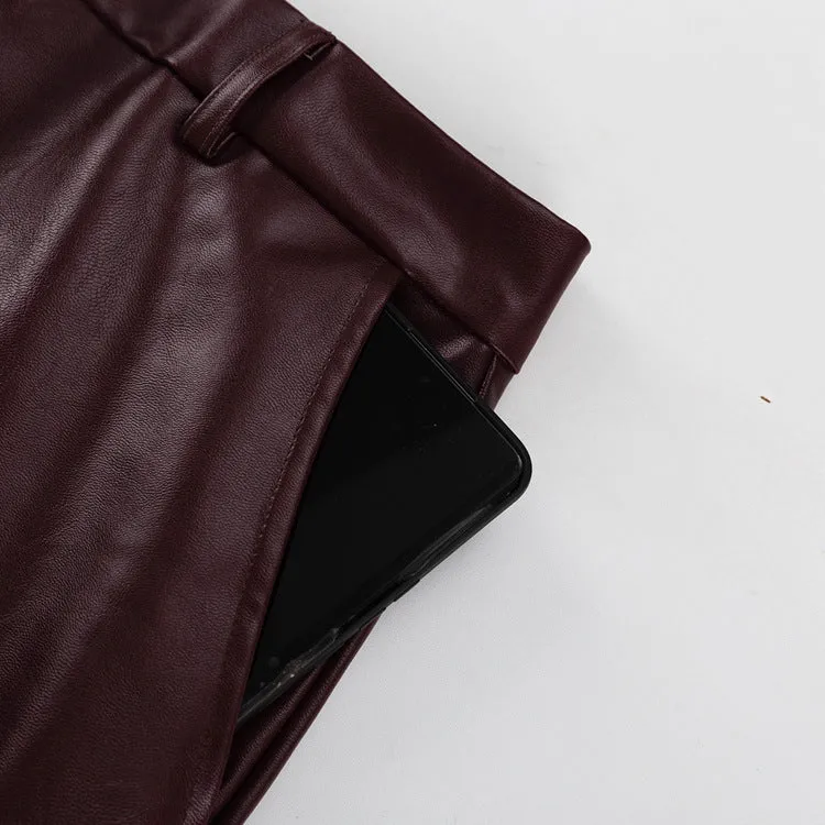 Pre Order: Vintage Burgundy Faux Leather Tie Waist Jacket   Pants Set