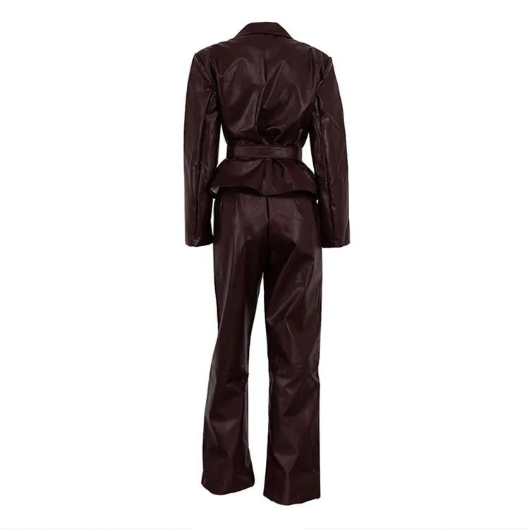 Pre Order: Vintage Burgundy Faux Leather Tie Waist Jacket   Pants Set