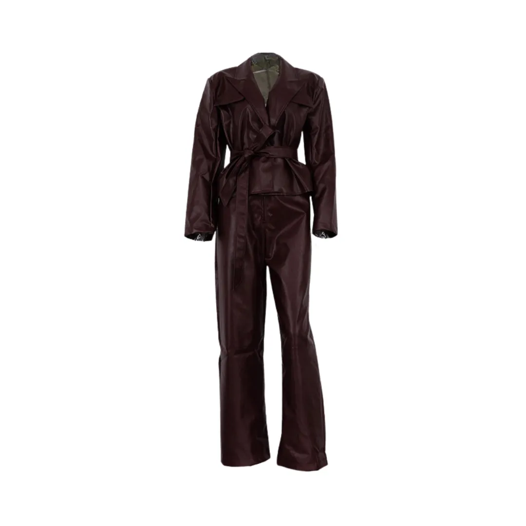 Pre Order: Vintage Burgundy Faux Leather Tie Waist Jacket   Pants Set