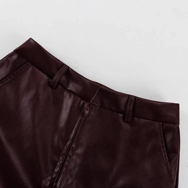 Pre Order: Vintage Burgundy Faux Leather Tie Waist Jacket   Pants Set